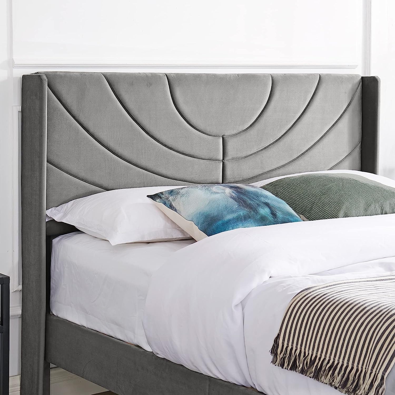 VECELO Upholstered Platform Bed Frame with Adjustable Fabric Headboard - VECELO