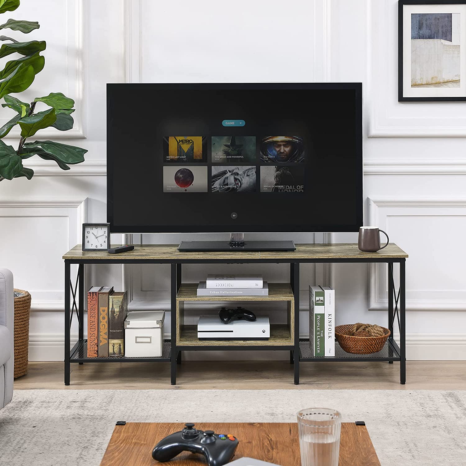 VECELO Industrial TV Stand Television Cabinet 3-Tier Console with Open Storage Shelves, Entertainment Center with Metal Frame for Living Room - VECELO