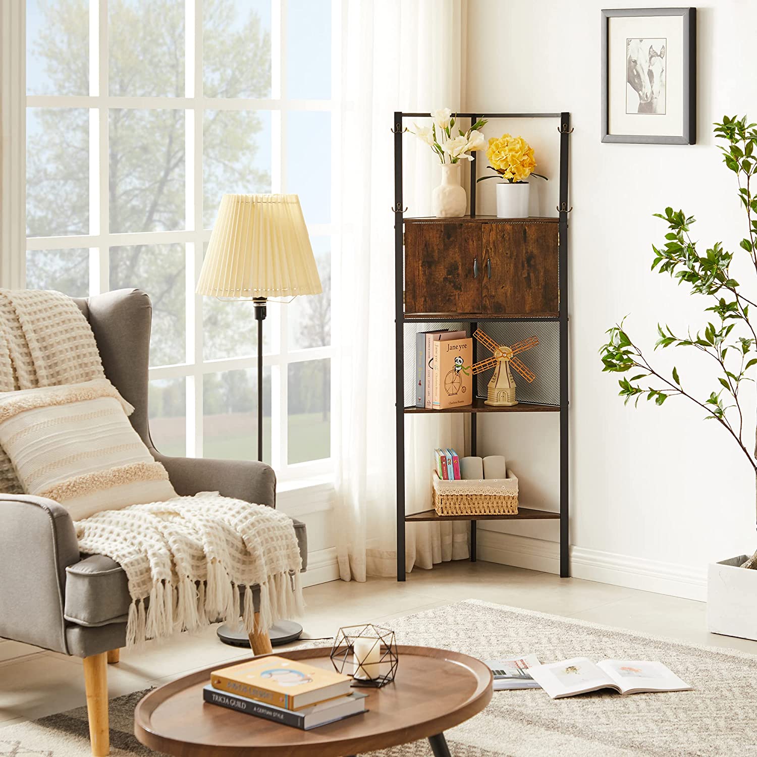 VECELO 5 Tier Corner Storage Cabinet with Wooden Shelves Free-Standing Organizer - VECELO