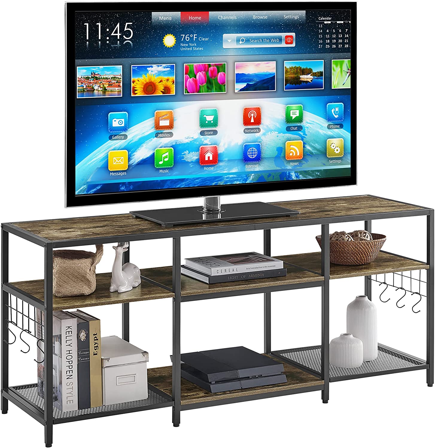 VECELO TV Stand Entertainment Center Media Console with 3-Tier Open Storage Shelves, Cabinet Table for Living Room Brown - VECELO