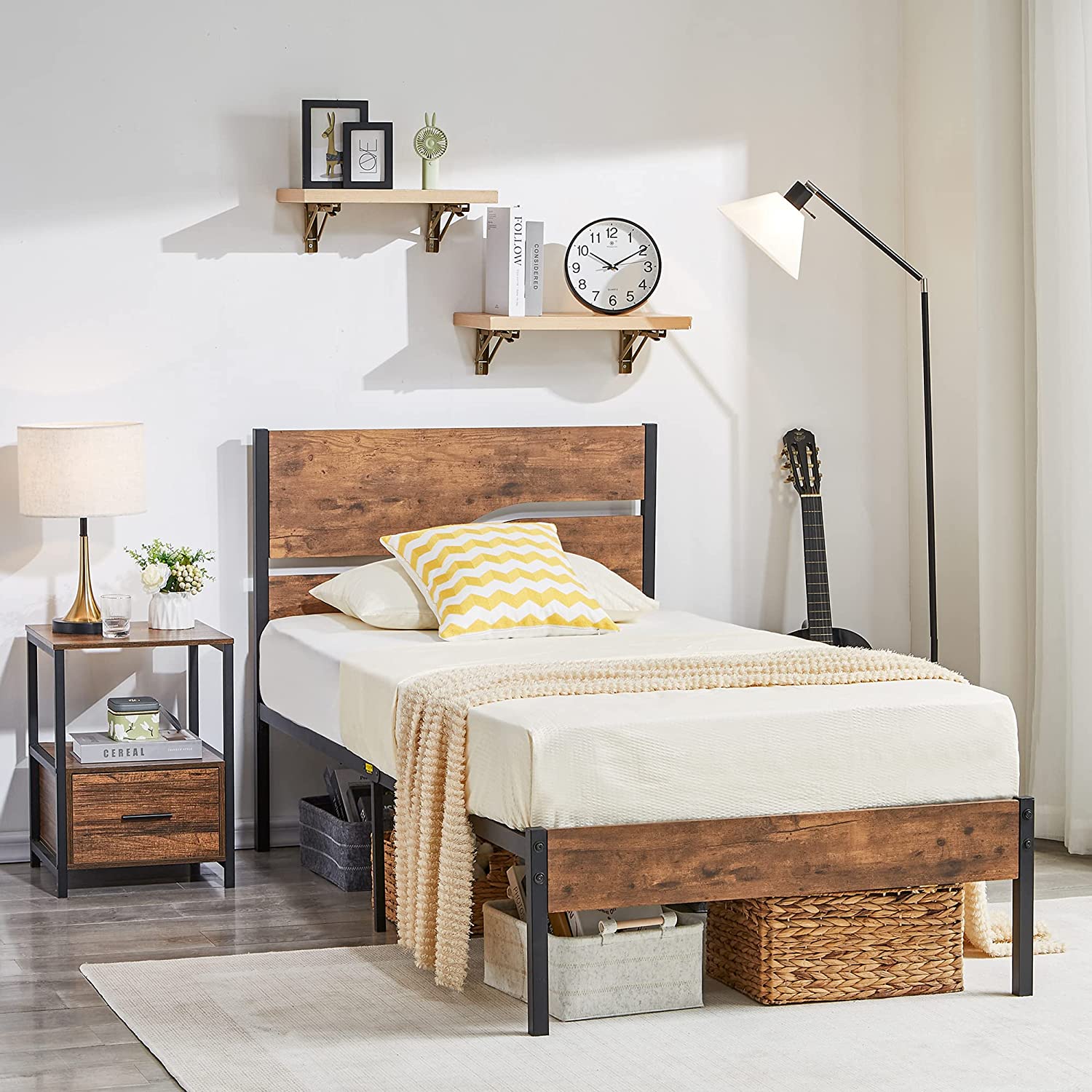 VECELO Platform Bed Frame/Mattress Foundation with Rustic Vintage Wood Headboard - VECELO