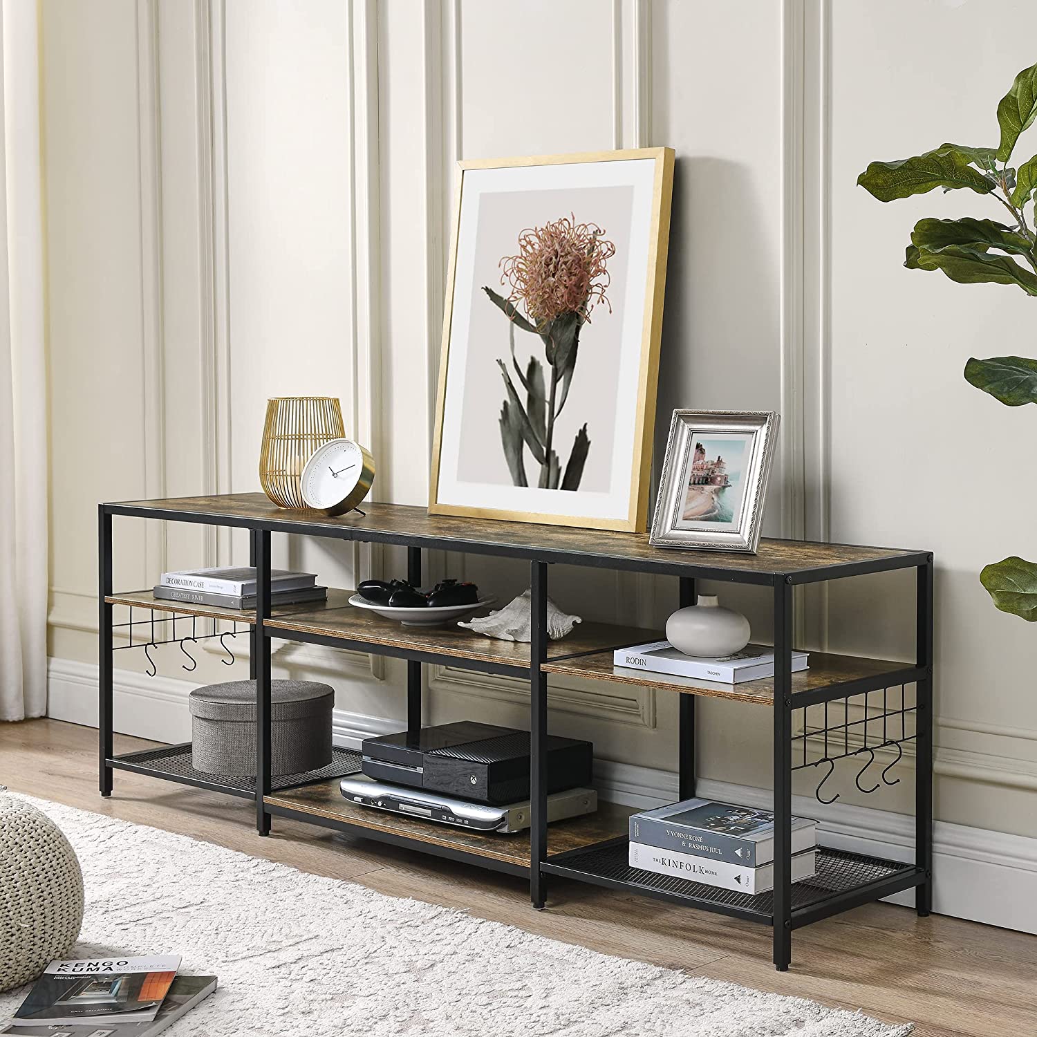 VECELO TV Stand Entertainment Center Media Console with 3-Tier Open Storage Shelves, Cabinet Table for Living Room Brown - VECELO