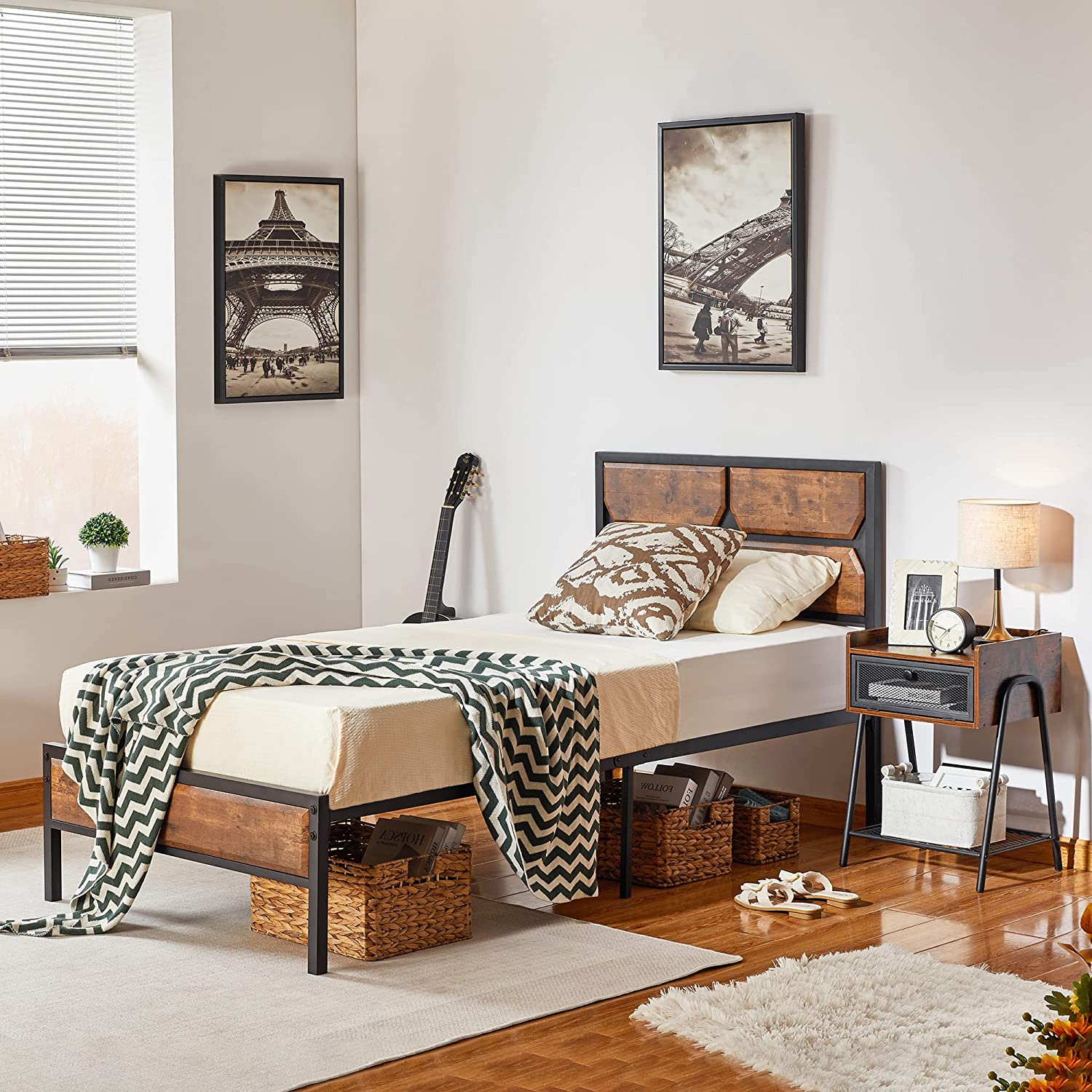 VECELO Metal Bed Frame Platform with Wooden Headboard&Footboard Mattress Foundation - VECELO
