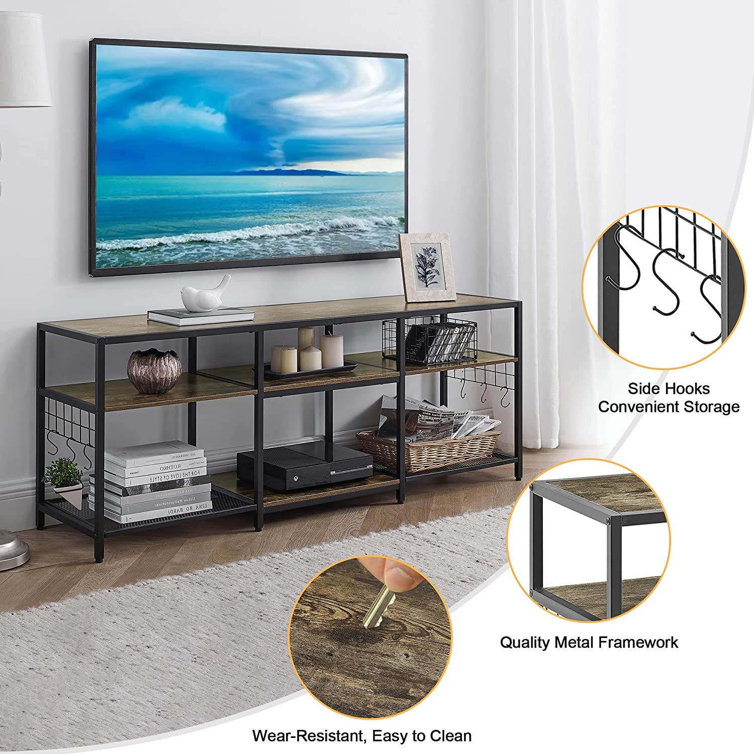 VECELO TV Stand Entertainment Center Media Console with 3-Tier Open Storage Shelves, Cabinet Table for Living Room Brown - VECELO