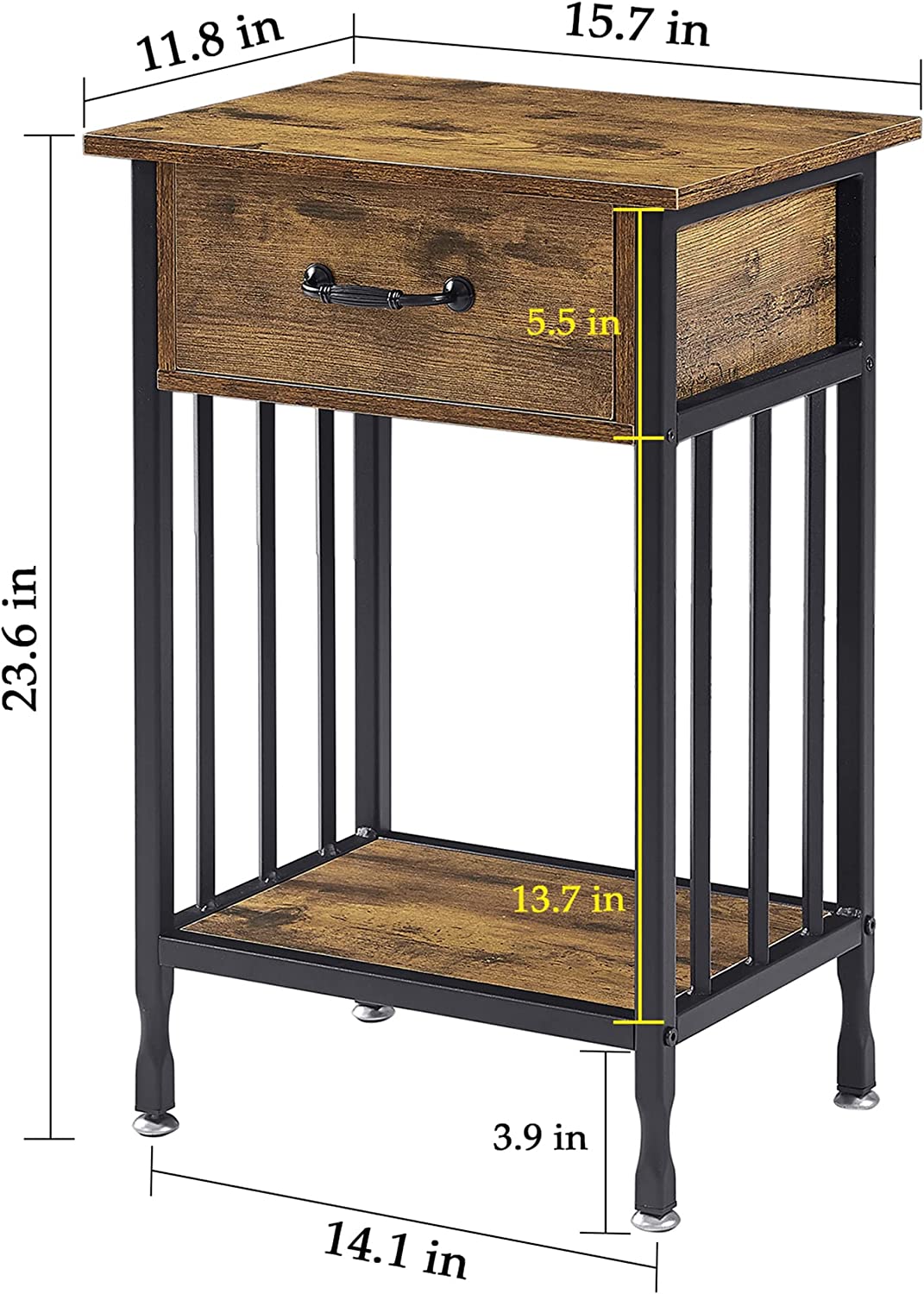 VECELO Industrial End Table,Nightstand with Drawer and Storage Shelf - VECELO