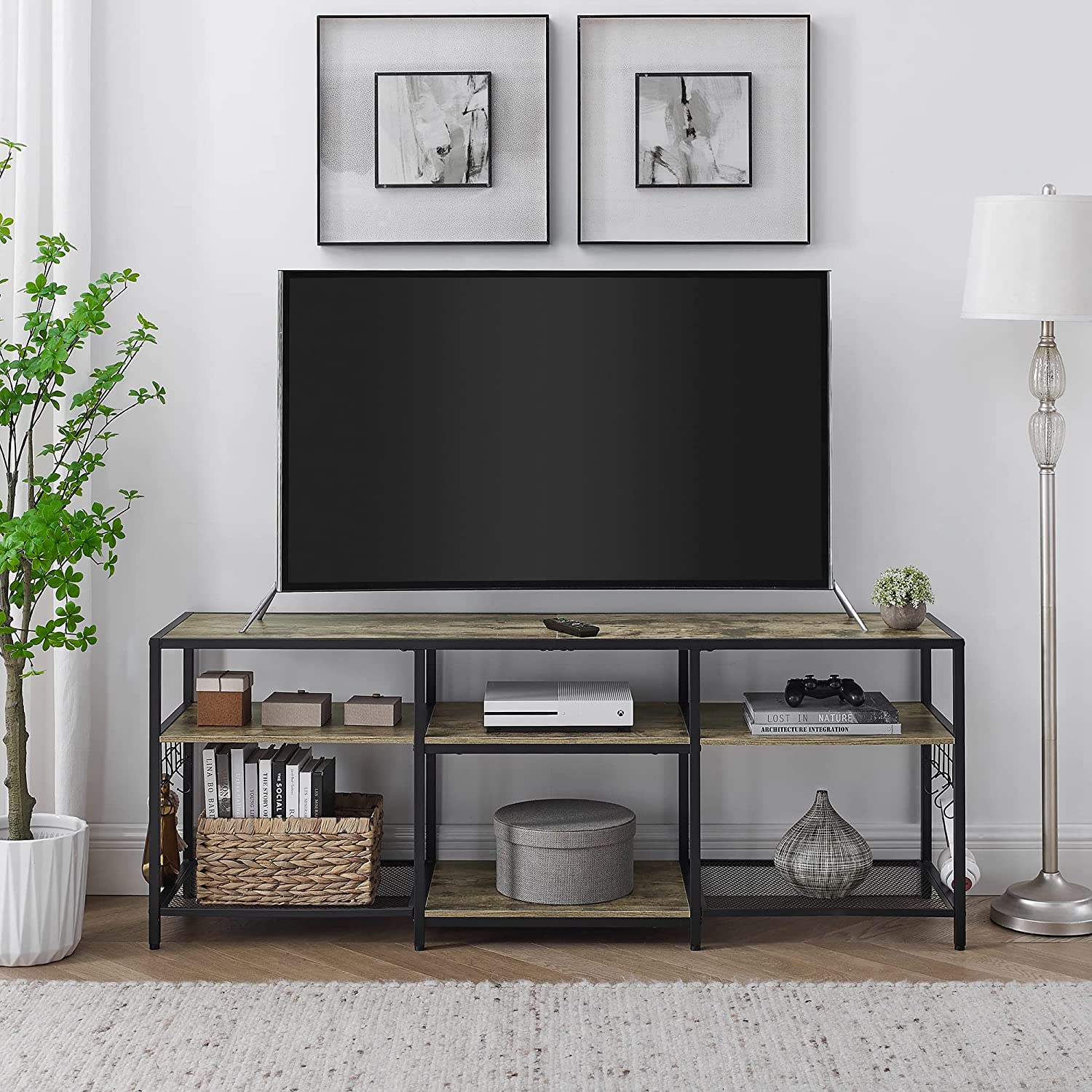 VECELO TV Stand Entertainment Center Media Console with 3-Tier Open Storage Shelves - VECELO