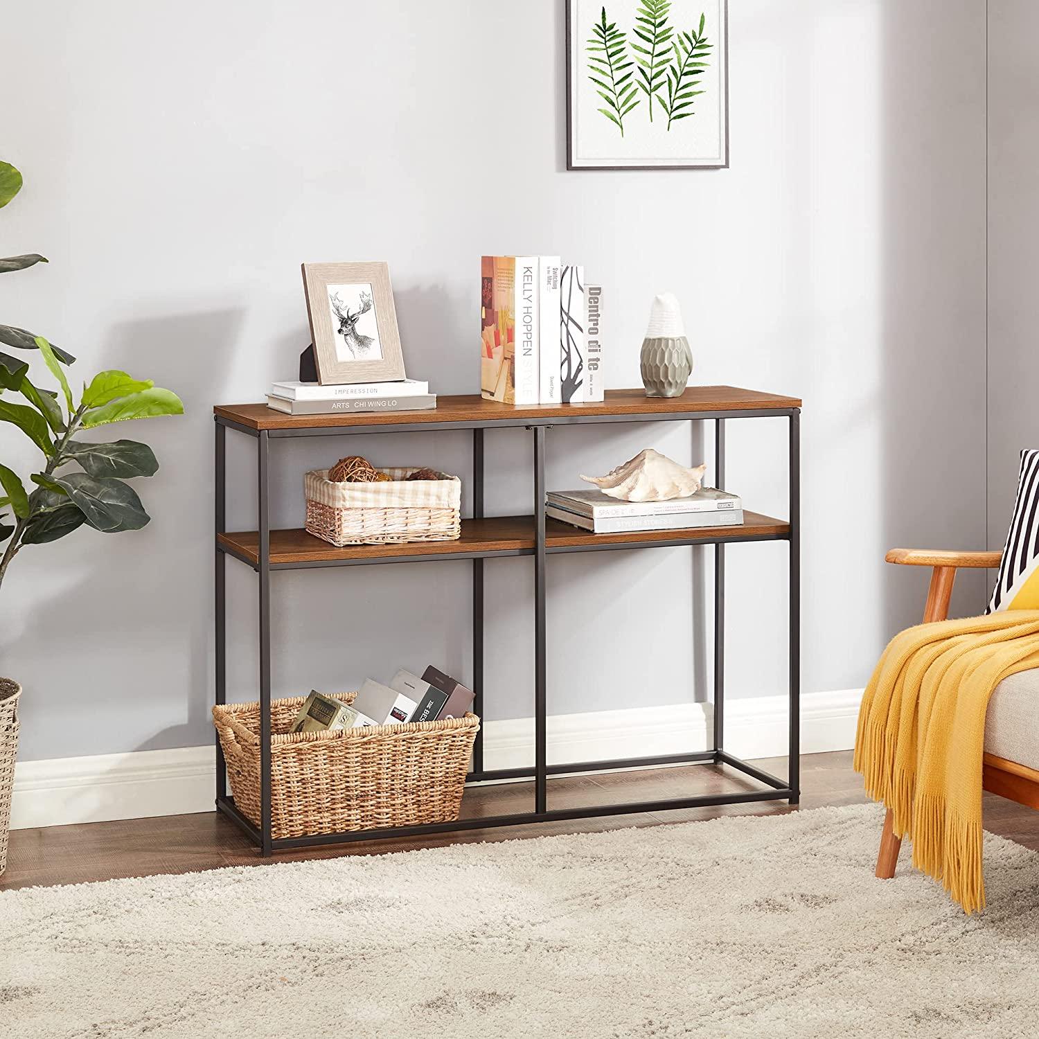 VECELO Multipurpose Console, Narrow Sofa 2-Tier Rustic Hallway Table with Storage Shelves - VECELO