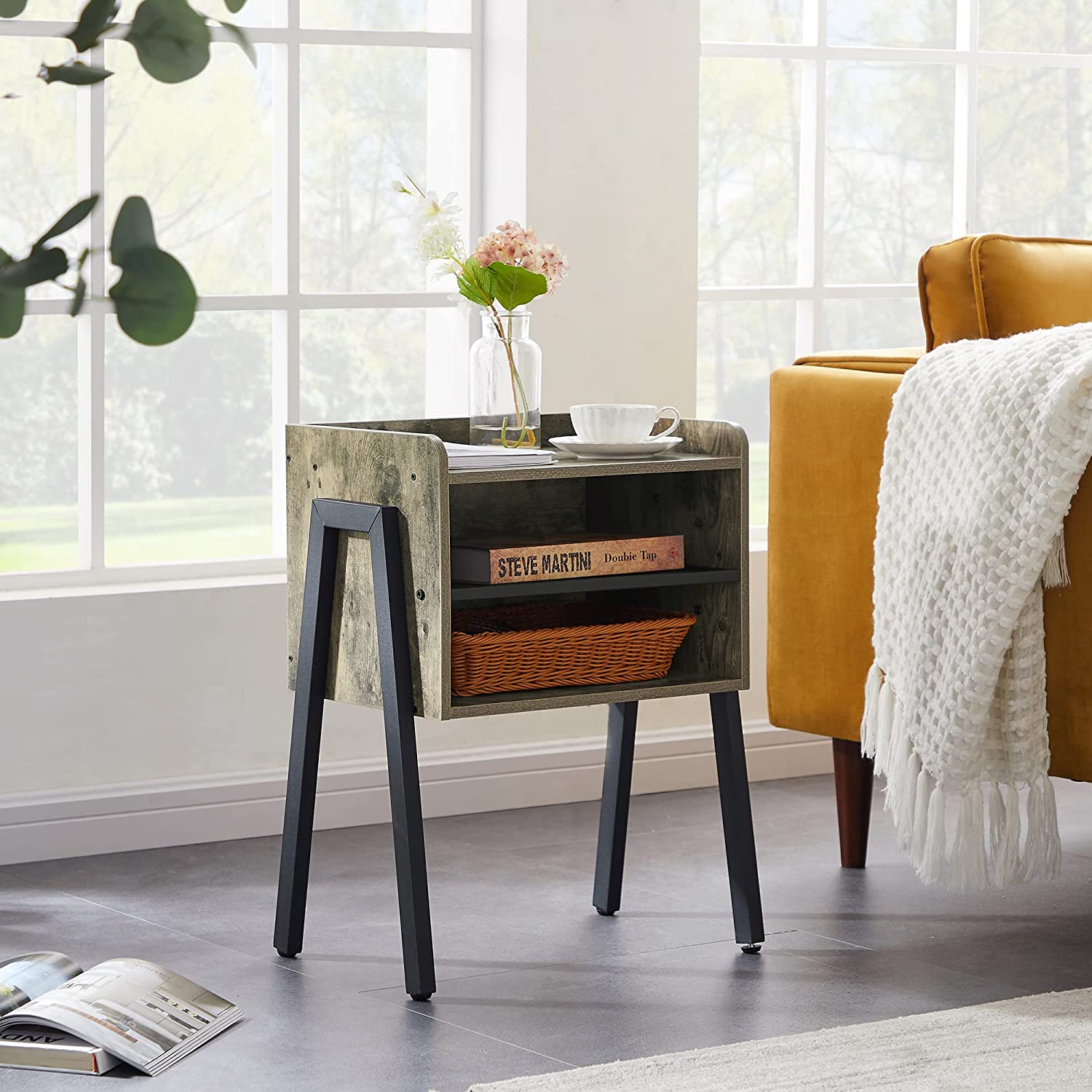 VECELO Nightstand Industrial Side End Table Accent Furniture with 2-Tier Open Storage Compartments - VECELO