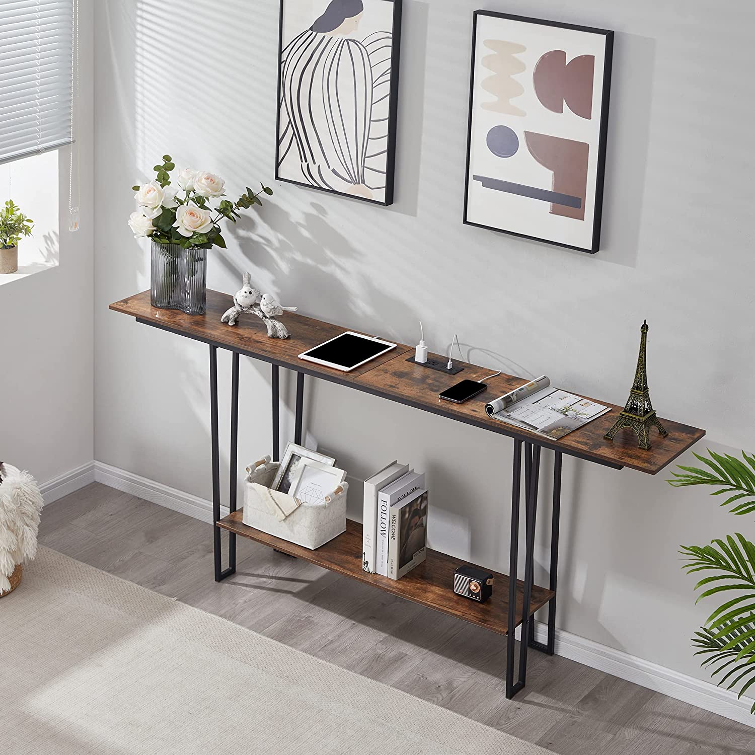 VECELO Couch Side & Console Table with 2 Outlets & 2 USB Ports - VECELO