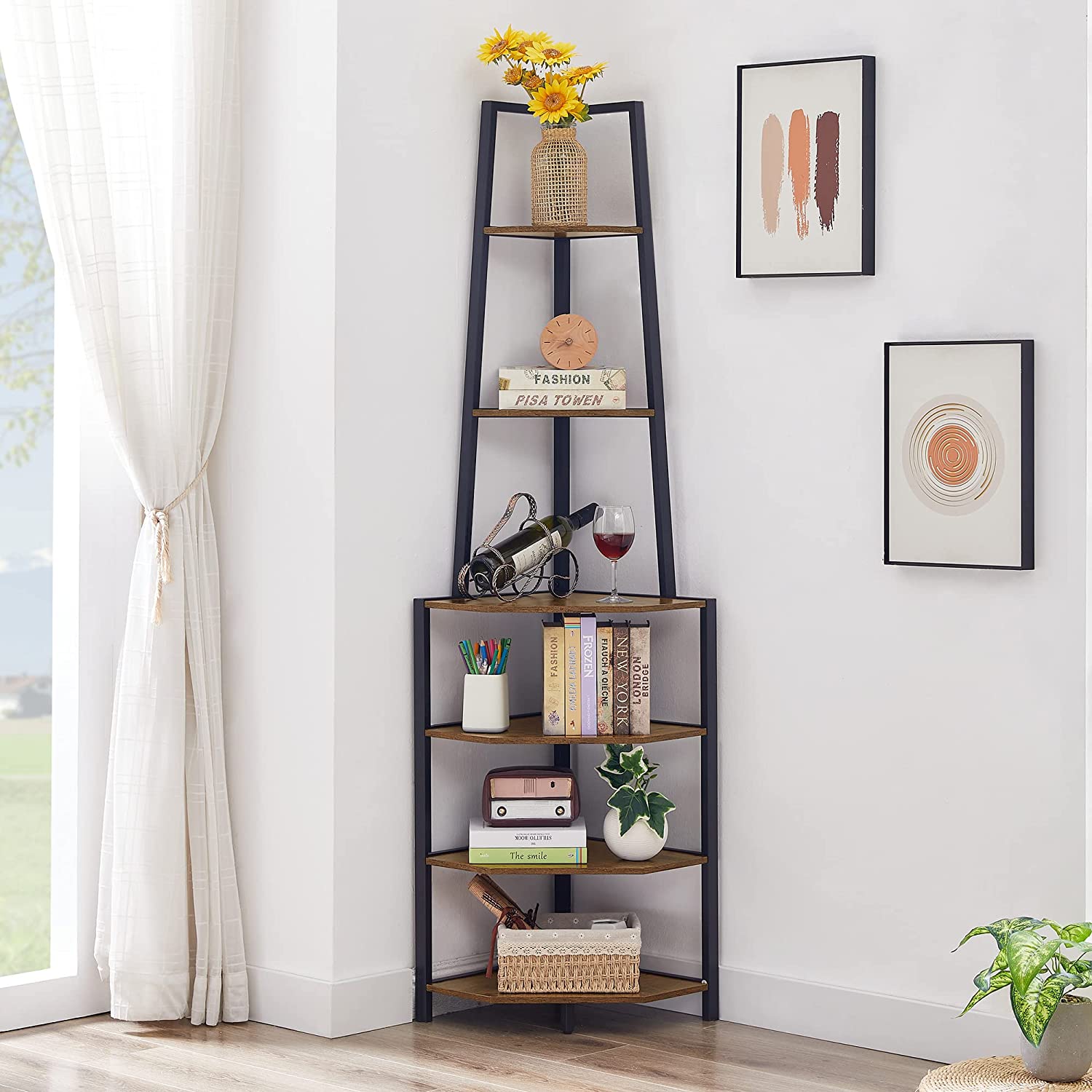 VECELO 6 Tier Corner Shelf, 69 Inch Industrial Bookshelf/Storage Stand with Metal Frame - VECELO