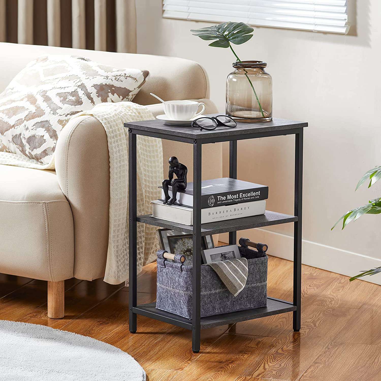VECELO End Side Table with Storage Shelves Industrial Night Stand, 3-Tier Slim Nightstand for Living Room, Bedroom - VECELO