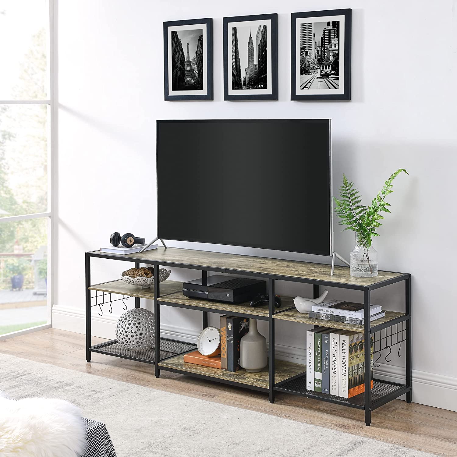 VECELO TV Stand Entertainment Center Media Console with 3-Tier Open Storage Shelves - VECELO