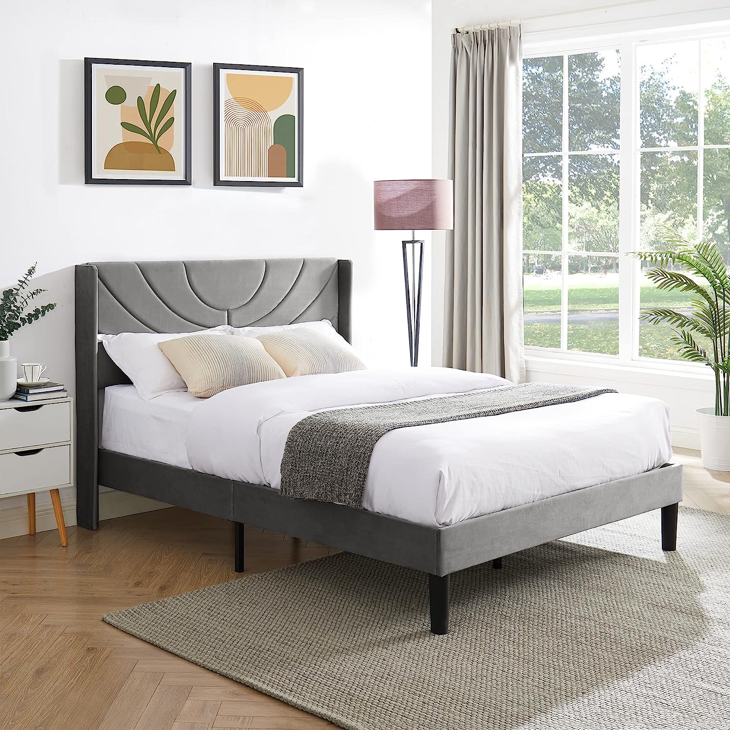VECELO Upholstered Platform Bed Frame with Adjustable Fabric Headboard - VECELO