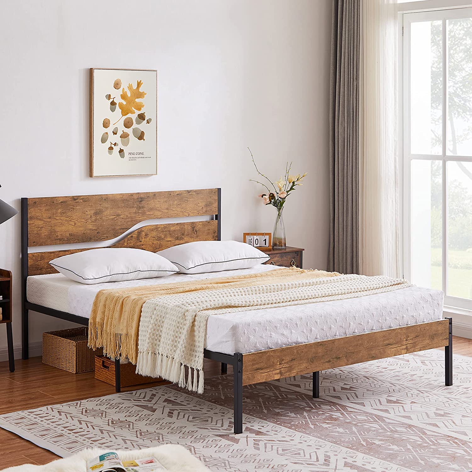 VECELO Platform Bed Frame/Mattress Foundation with Rustic Vintage Wood Headboard - VECELO