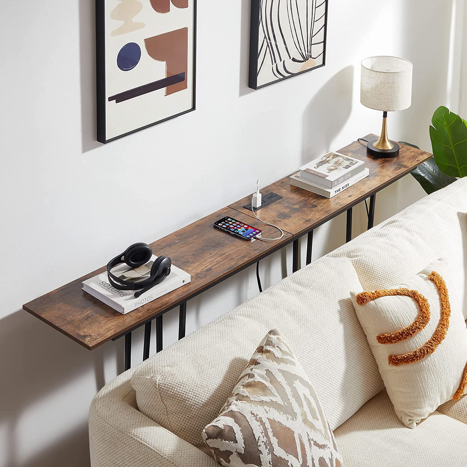 VECELO Couch Side & Console Table with 2 Outlets & 2 USB Ports - VECELO