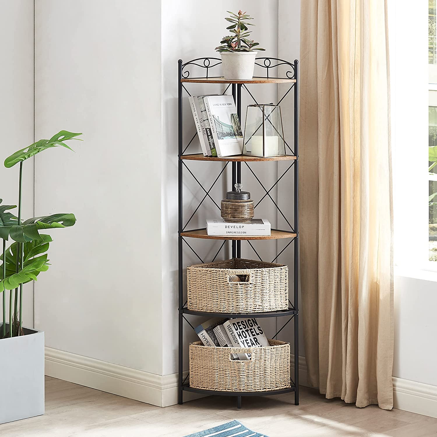 VECELO Corner Storage Cabinet with Wooden Shelves Free-Standing Organizer - VECELO