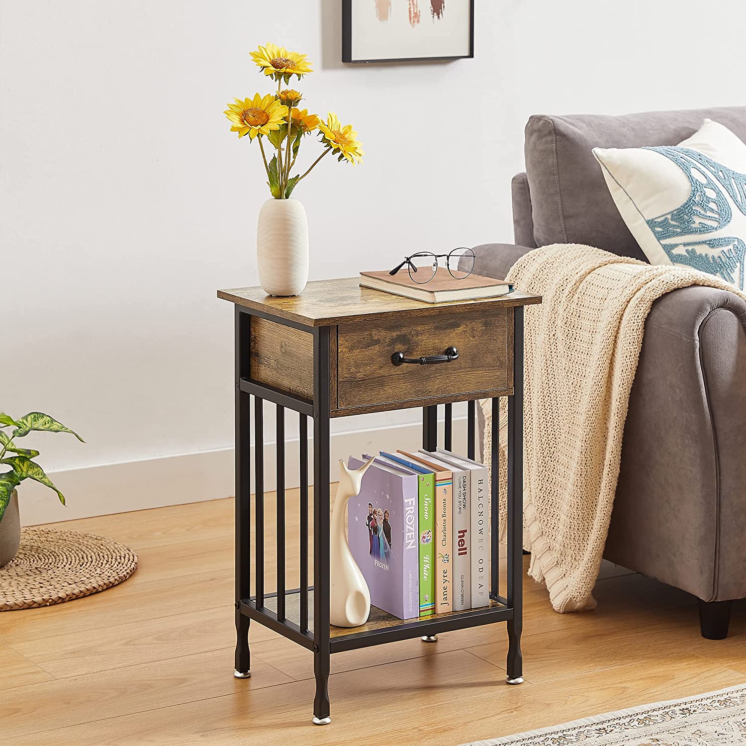 VECELO Industrial End Table,Nightstand with Drawer and Storage Shelf - VECELO