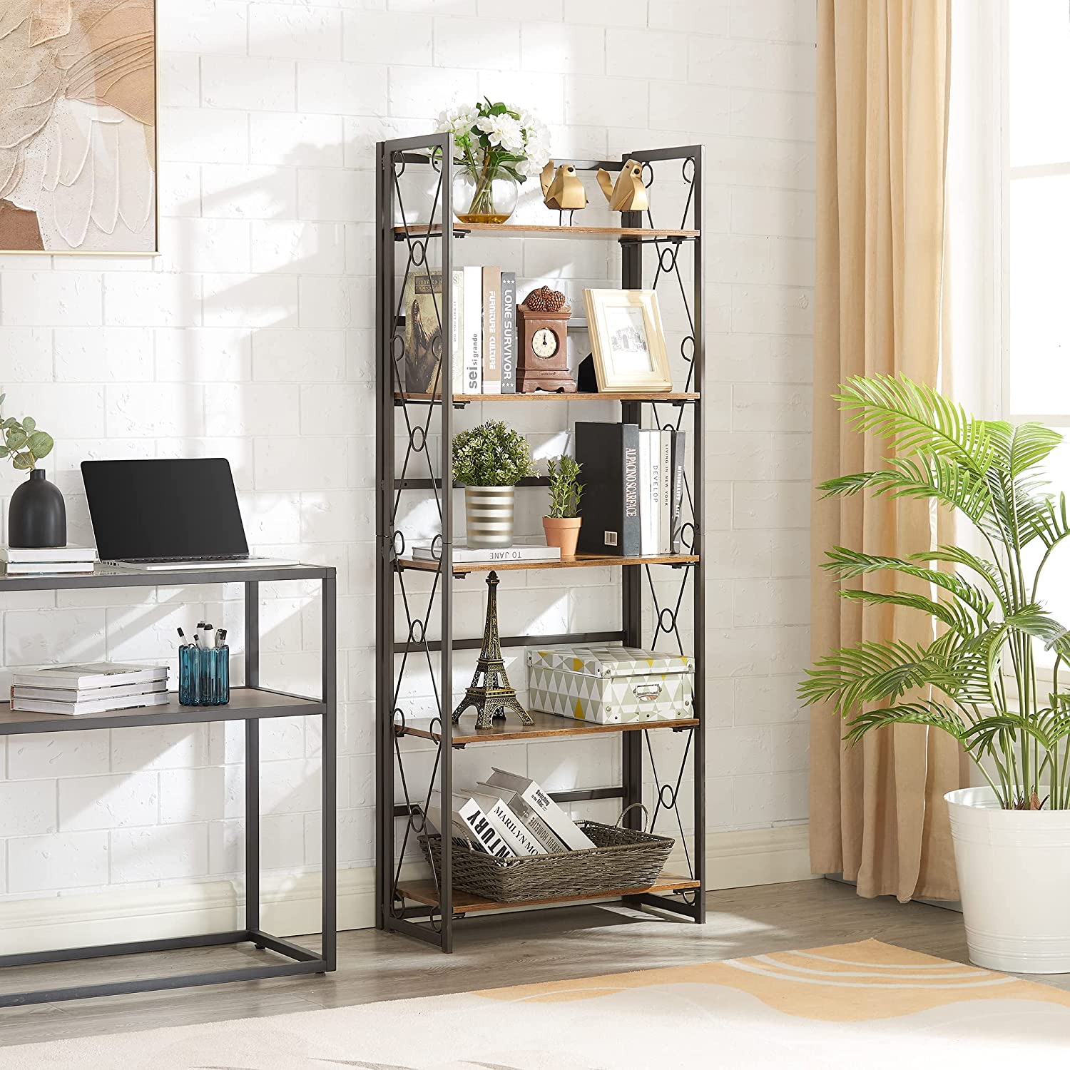 VECELO Bookshelf No Assembly, 5 Shelf Folding Bookcase, Book Shelves Organizer - VECELO