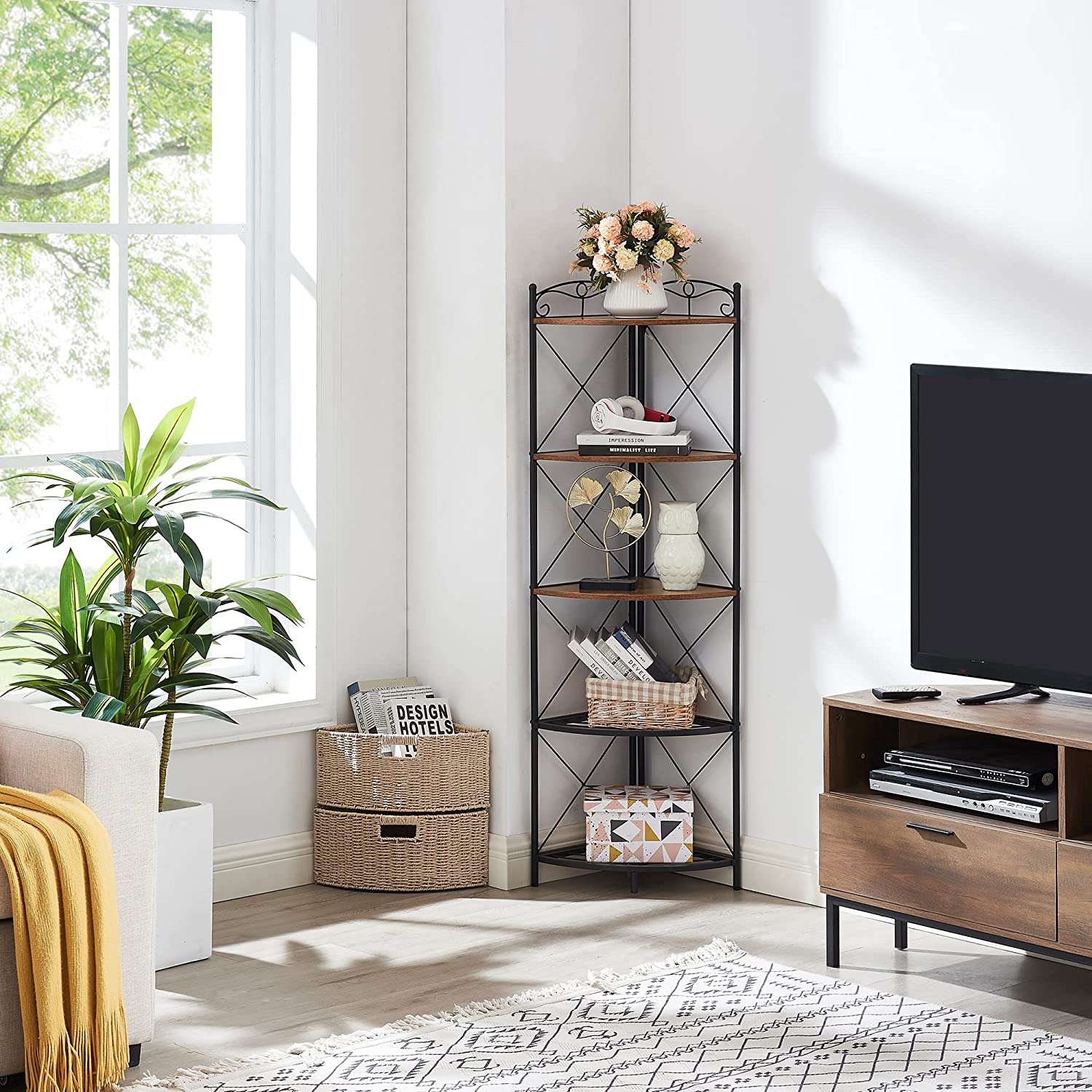 VECELO Corner Storage Cabinet with Wooden Shelves Free-Standing Organizer - VECELO