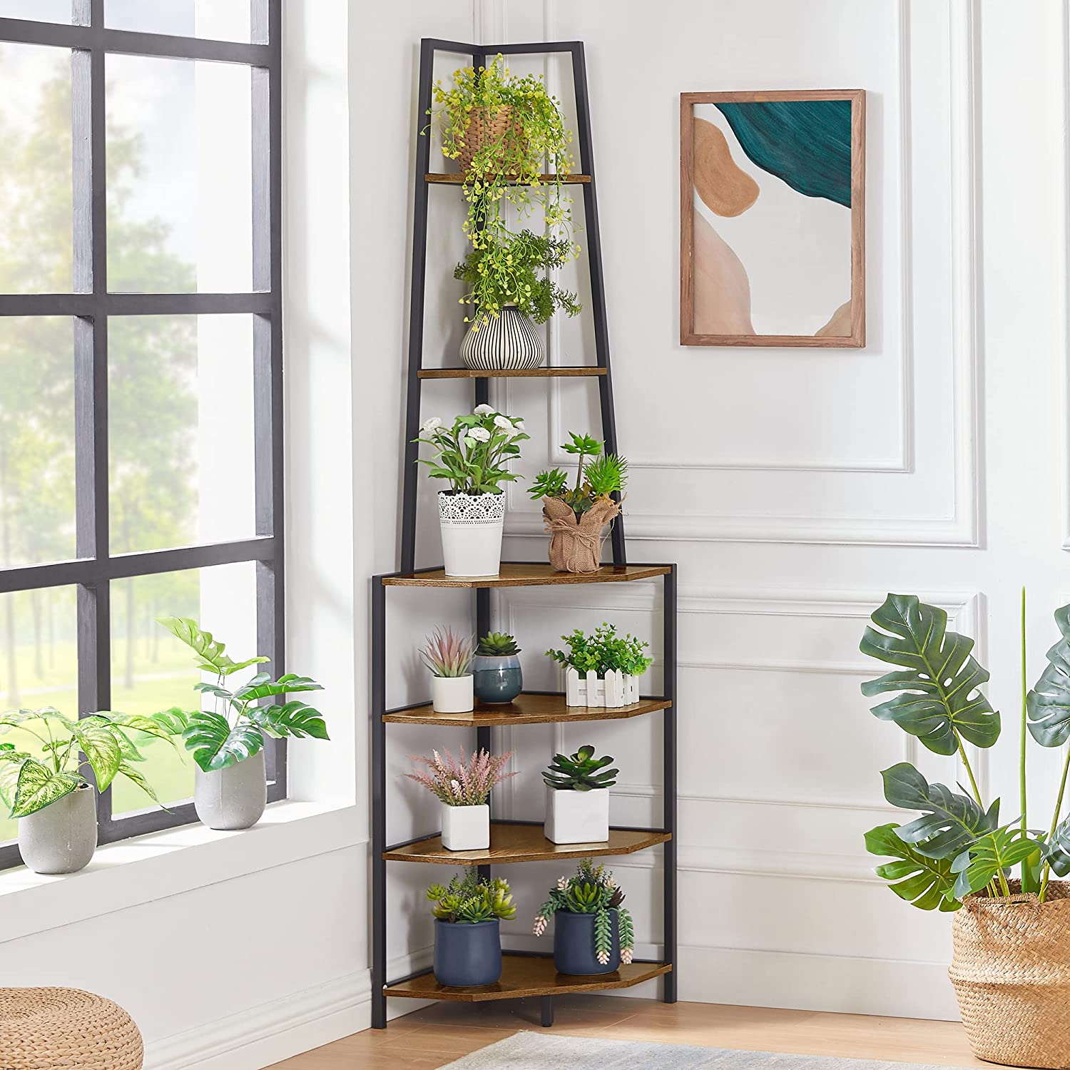 VECELO 6 Tier Corner Shelf, 69 Inch Industrial Bookshelf/Storage Stand with Metal Frame - VECELO