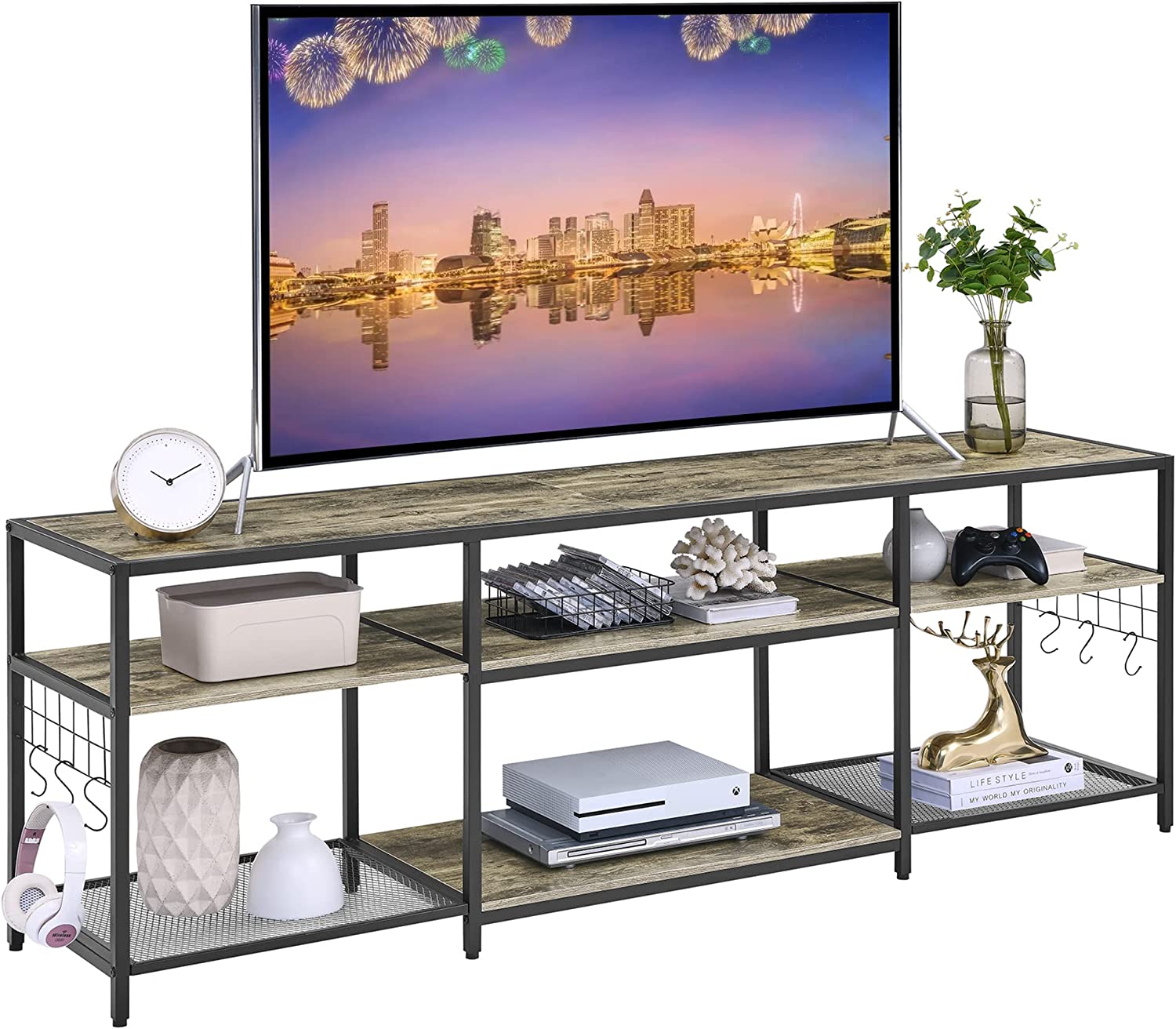 VECELO TV Stand Entertainment Center Media Console with 3-Tier Open Storage Shelves, Cabinet Table for Living Room Brown - VECELO