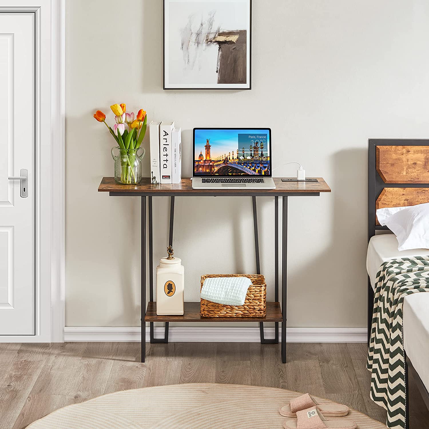VECELO Couch Side & Console Table with 2 Outlets & 2 USB Ports - VECELO