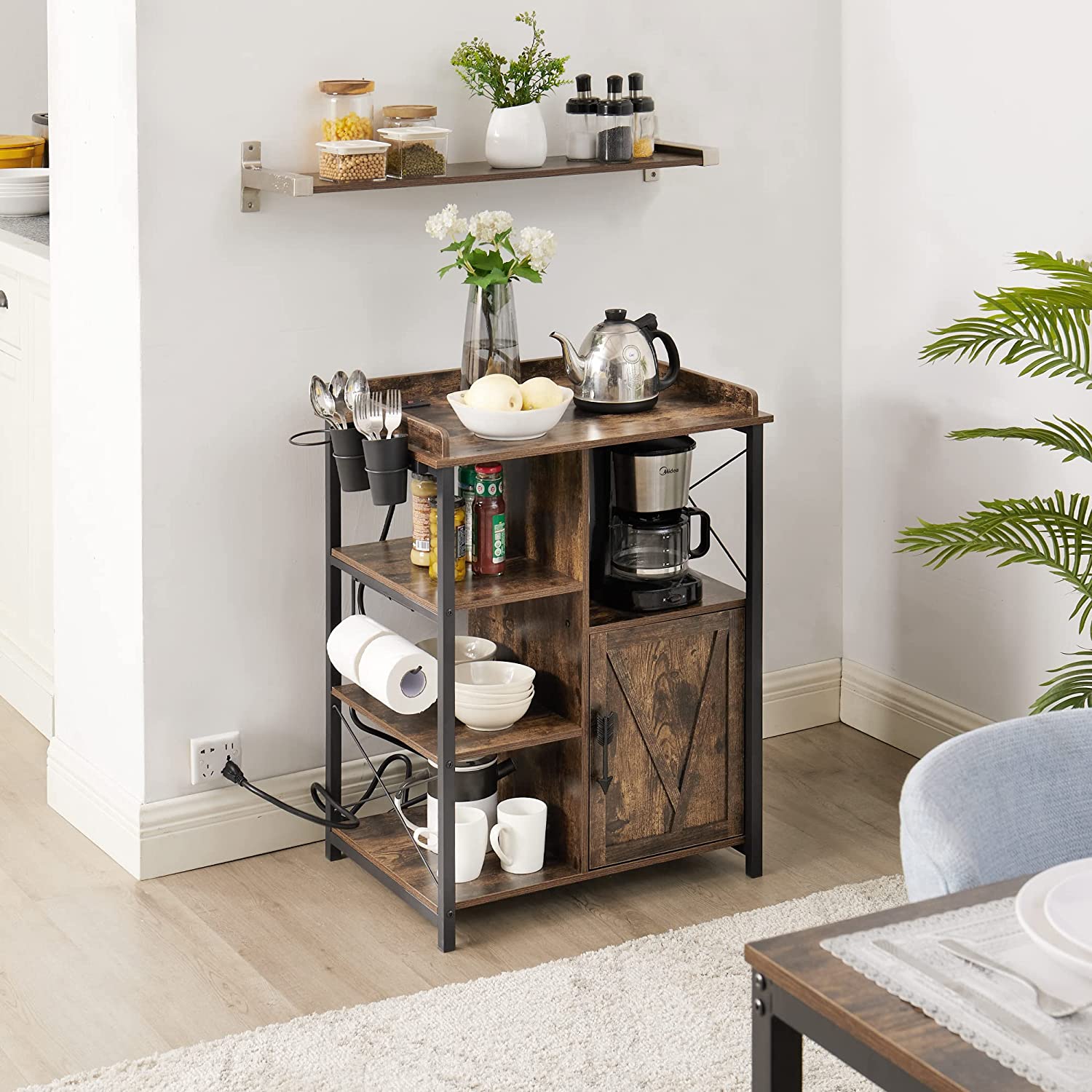 VECELO Floor Cabinet, Freestanding Storage Organizer with 2 Outlets & 3 Shelves for Bathroom, Kitchen,Hallway - VECELO