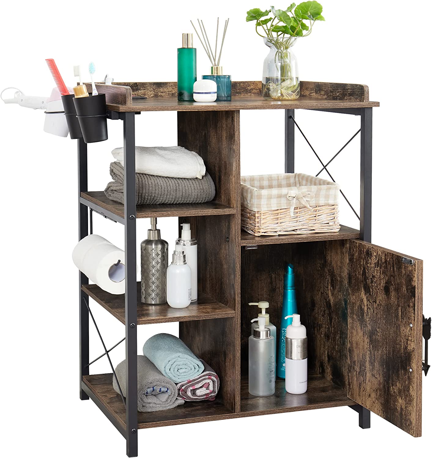 VECELO Floor Cabinet, Freestanding Storage Organizer with 2 Outlets & 3 Shelves for Bathroom, Kitchen,Hallway - VECELO