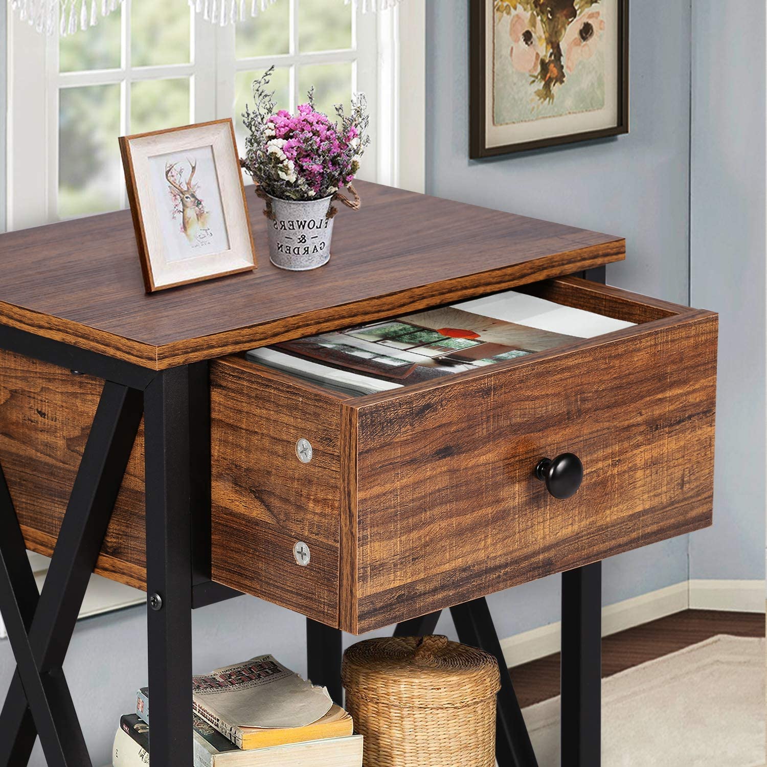 Versatile Nightstands X-Design Side End Table with Bin Drawer