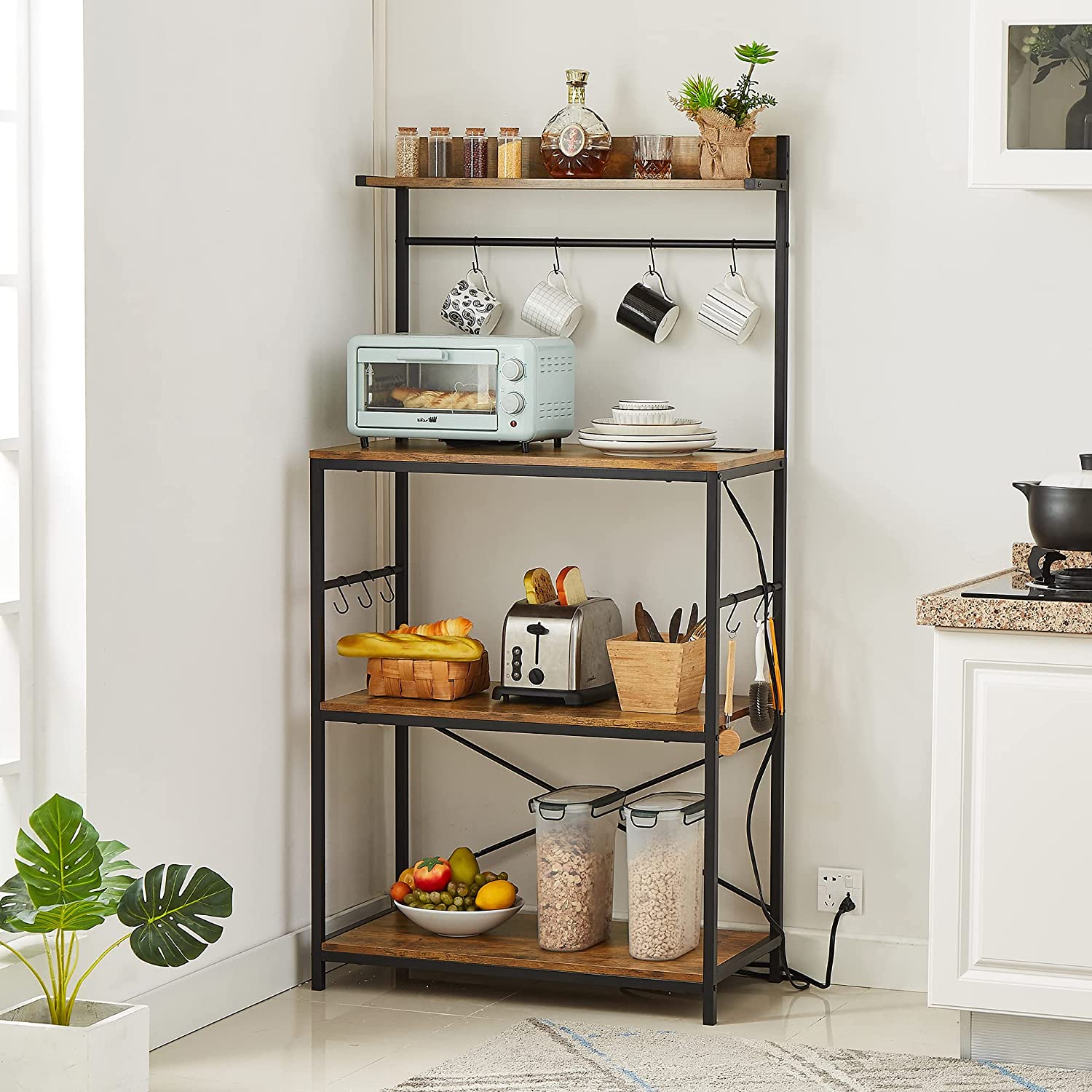 VECELO Bakers Rack with Power Outlets Floor Standing Coffee Bar - VECELO