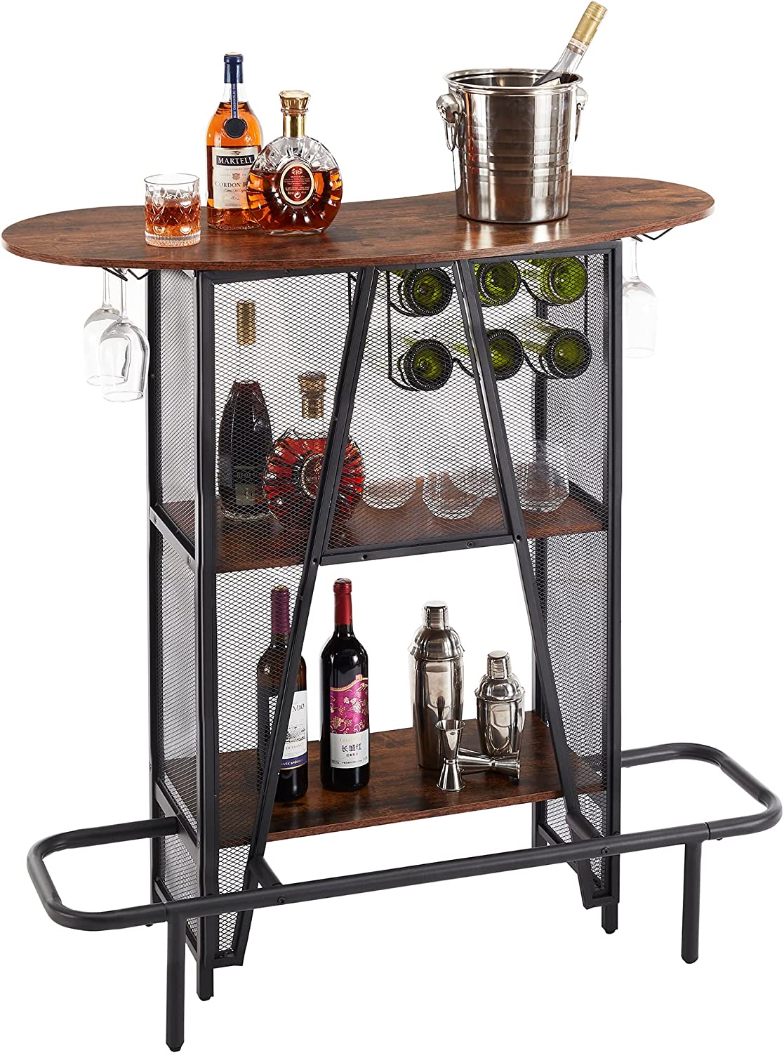 VECELO Bar Unit with Metal Mesh Front, 3-Tier Wine Rack Table with Glasses Holder - VECELO
