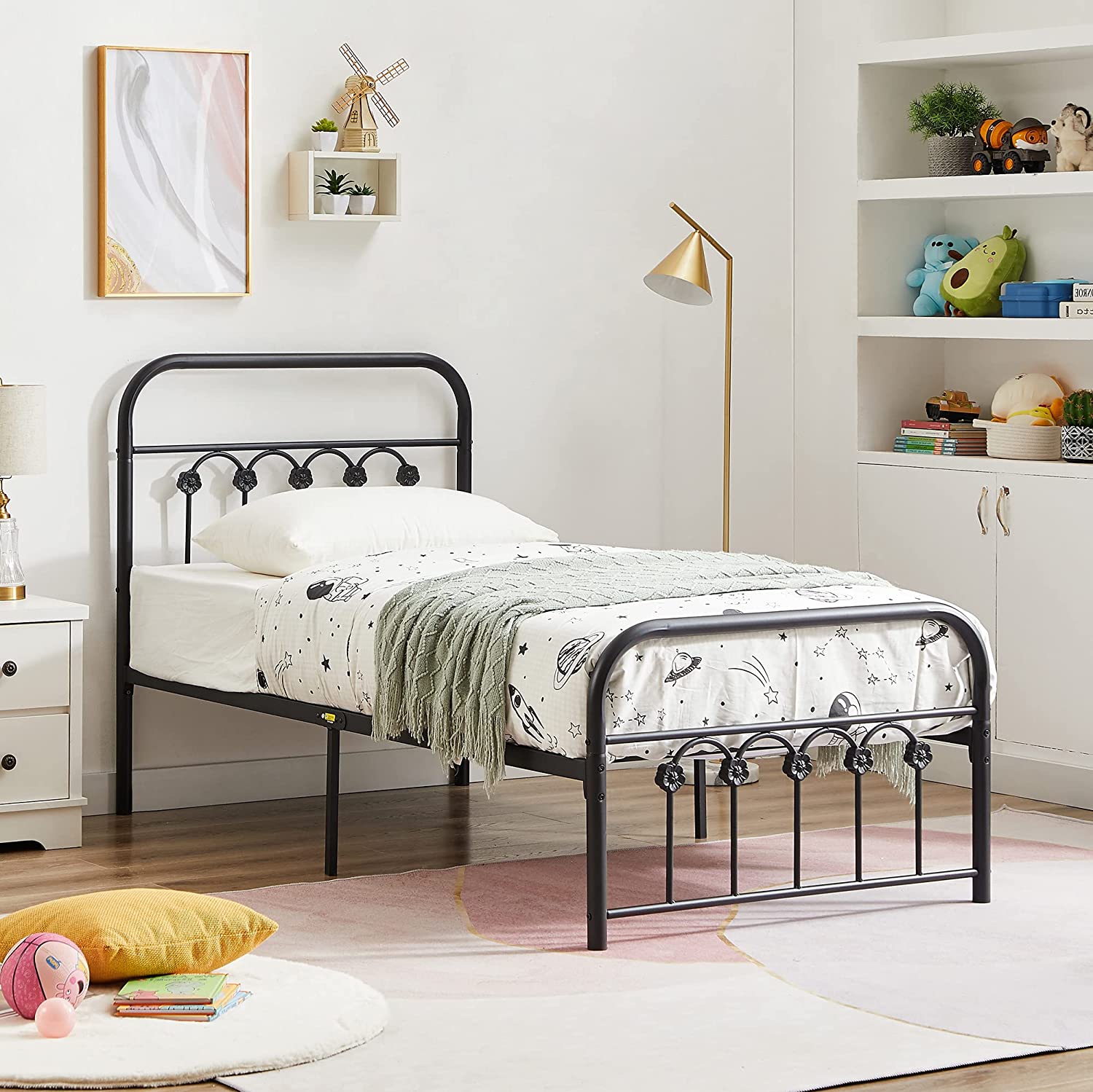 VECELO Metal Bed Frame/Mattress Foundation with Vintage Flower Headboard & Footboard - VECELO