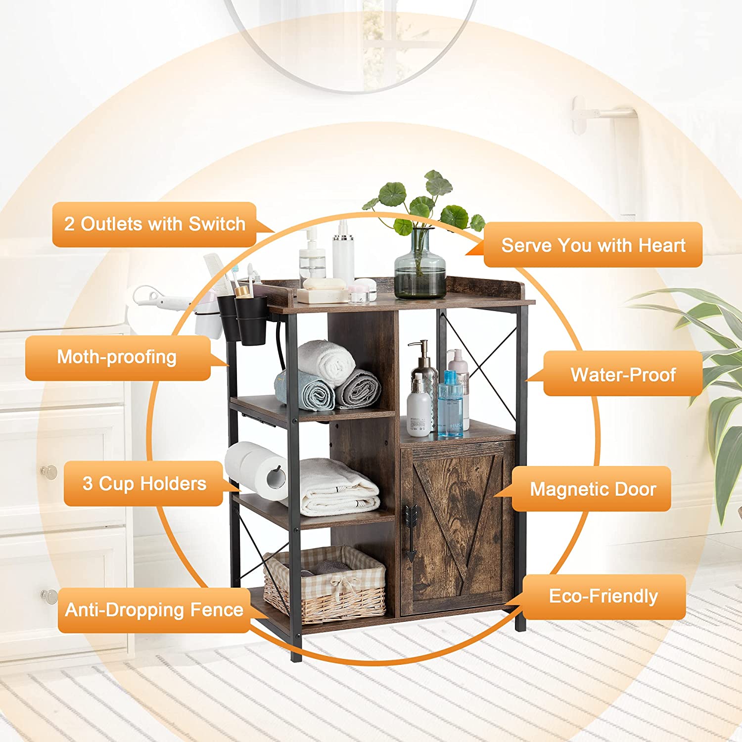 VECELO Floor Cabinet, Freestanding Storage Organizer with 2 Outlets & 3 Shelves for Bathroom, Kitchen,Hallway - VECELO