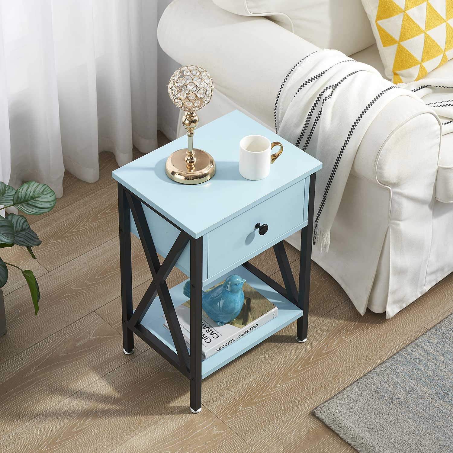 VECELO Night Stands Bedside End Table X-Design with Drawer&Storage Shelf for Living Room Bedroom, Nightstand with Drawer - VECELO