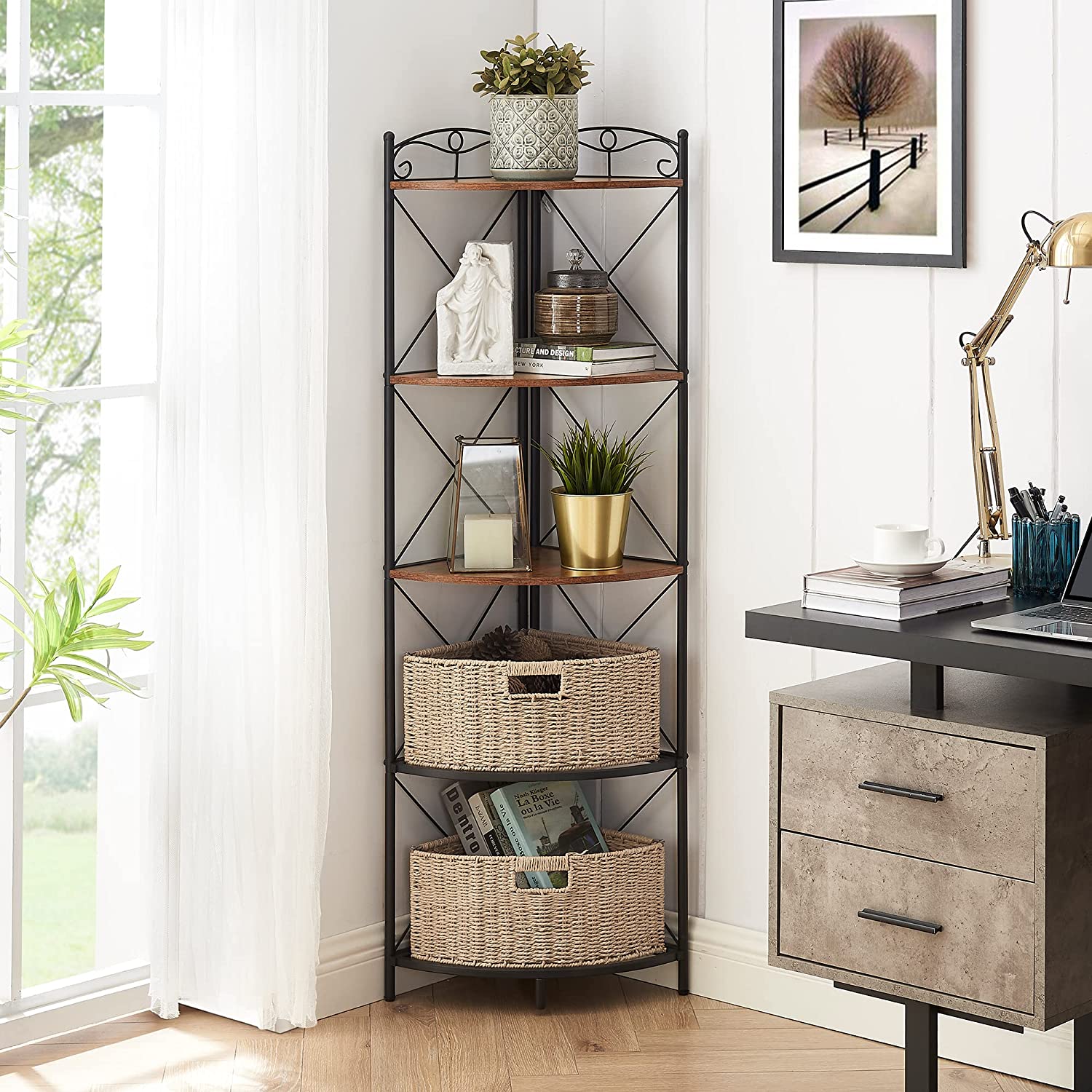VECELO Corner Storage Cabinet with Wooden Shelves Free-Standing Organizer - VECELO