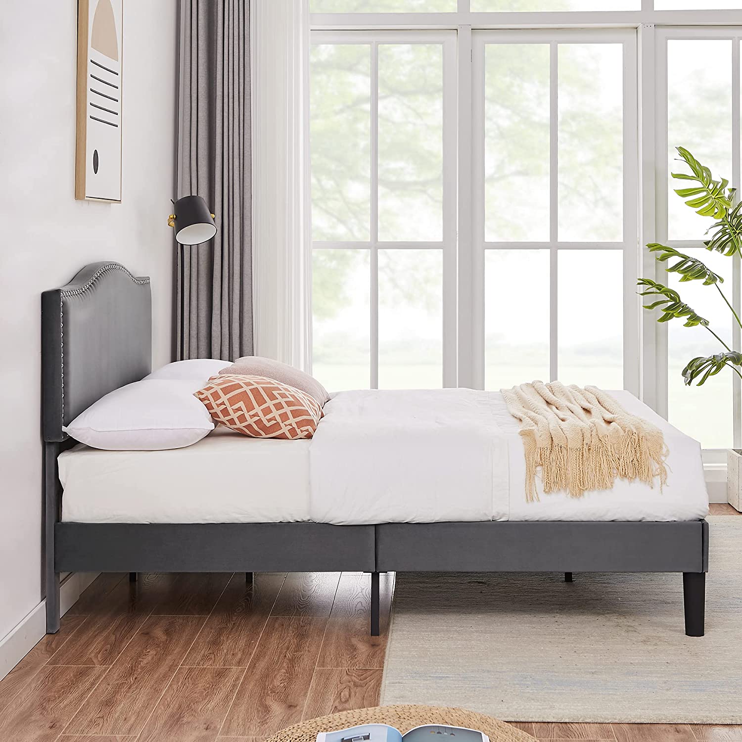 VECELO Bed Frame Platform with Upholstered Headboard & Wooden Slats Support - VECELO