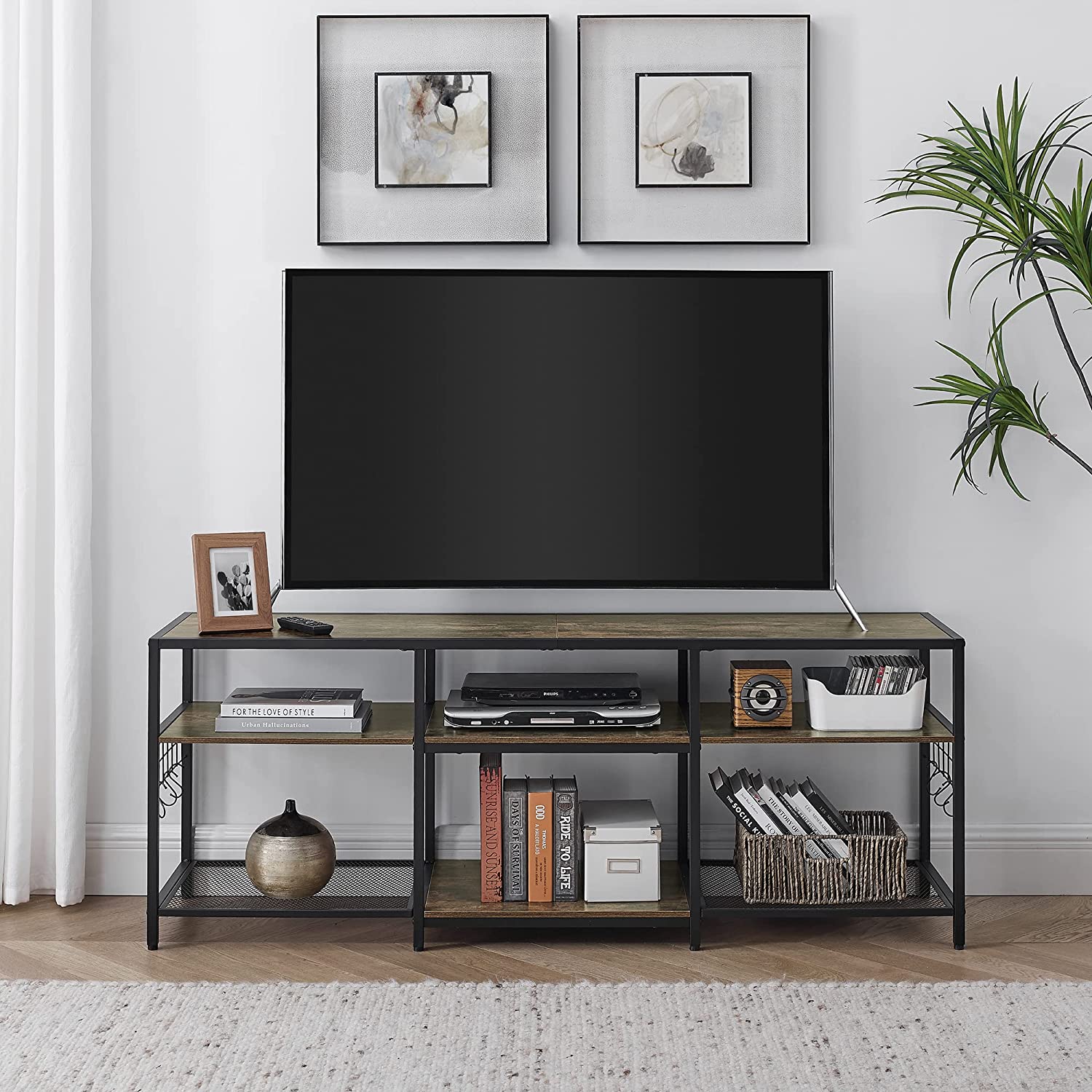 VECELO TV Stand Entertainment Center Media Console with 3-Tier Open Storage Shelves, Cabinet Table for Living Room Brown - VECELO