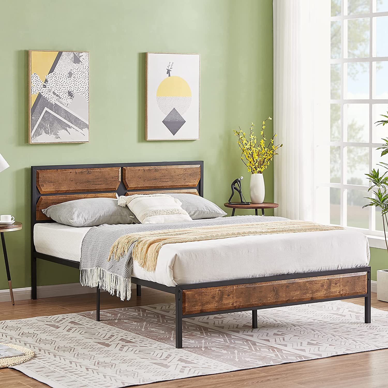 VECELO Metal Bed Frame Platform with Wooden Headboard&Footboard Mattress Foundation - VECELO
