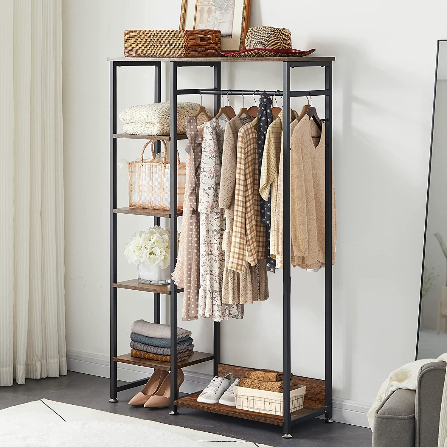 VECELO Open Garment Clothing Rack, Free-Standing Heavy Duty Storage Closet with 5 Shelves and Hanging Rod - VECELO