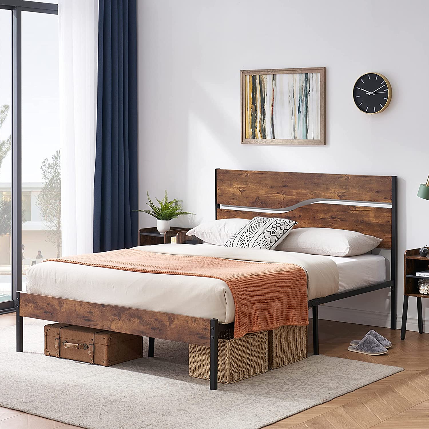 VECELO Platform Bed Frame/Mattress Foundation with Rustic Vintage Wood Headboard - VECELO