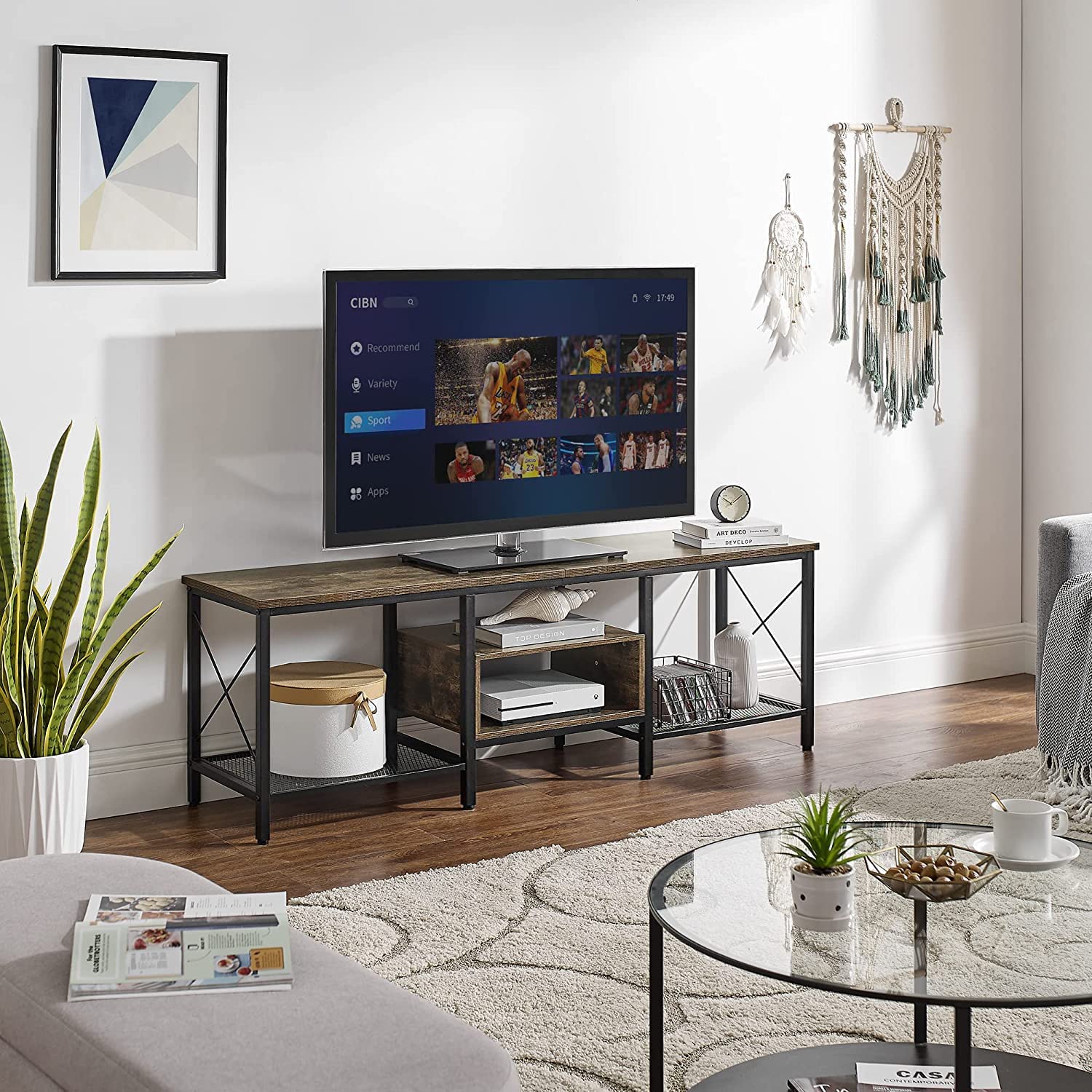 VECELO Industrial TV Stand Television Cabinet 3-Tier Console with Open Storage Shelves, Entertainment Center with Metal Frame for Living Room - VECELO