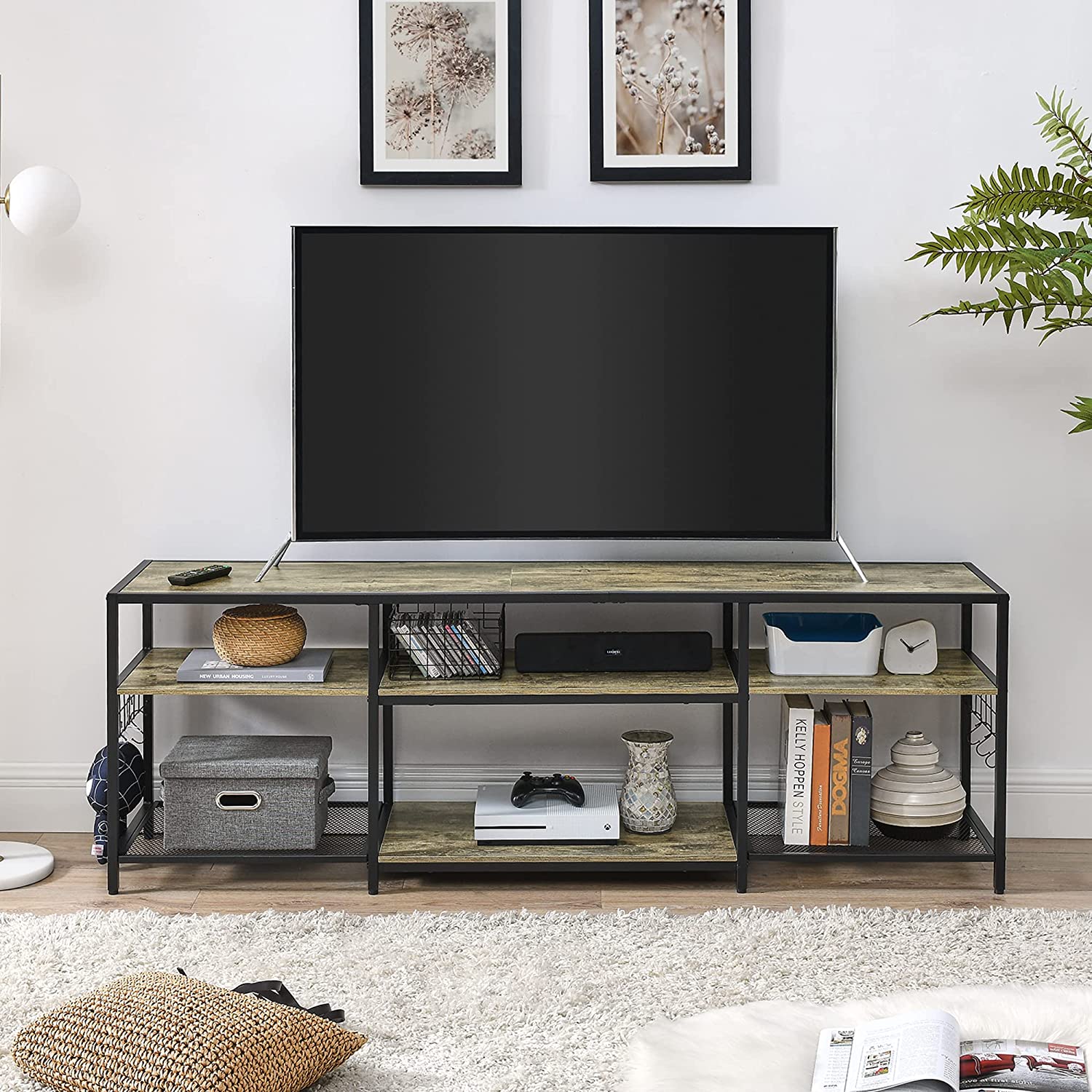 VECELO TV Stand Entertainment Center Media Console with 3-Tier Open Storage Shelves, Cabinet Table for Living Room Brown - VECELO