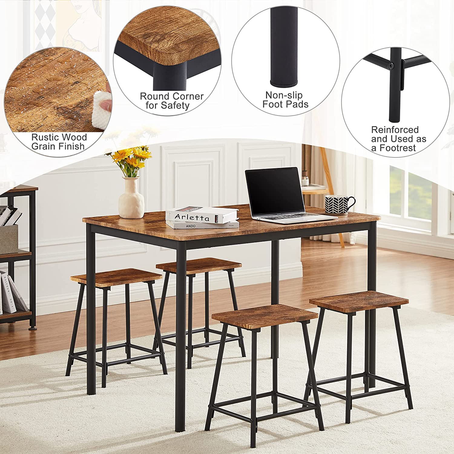VECELO 5-Piece Dining Table Set Metal and Wood Kitchen Furniture with 4 Stools - VECELO