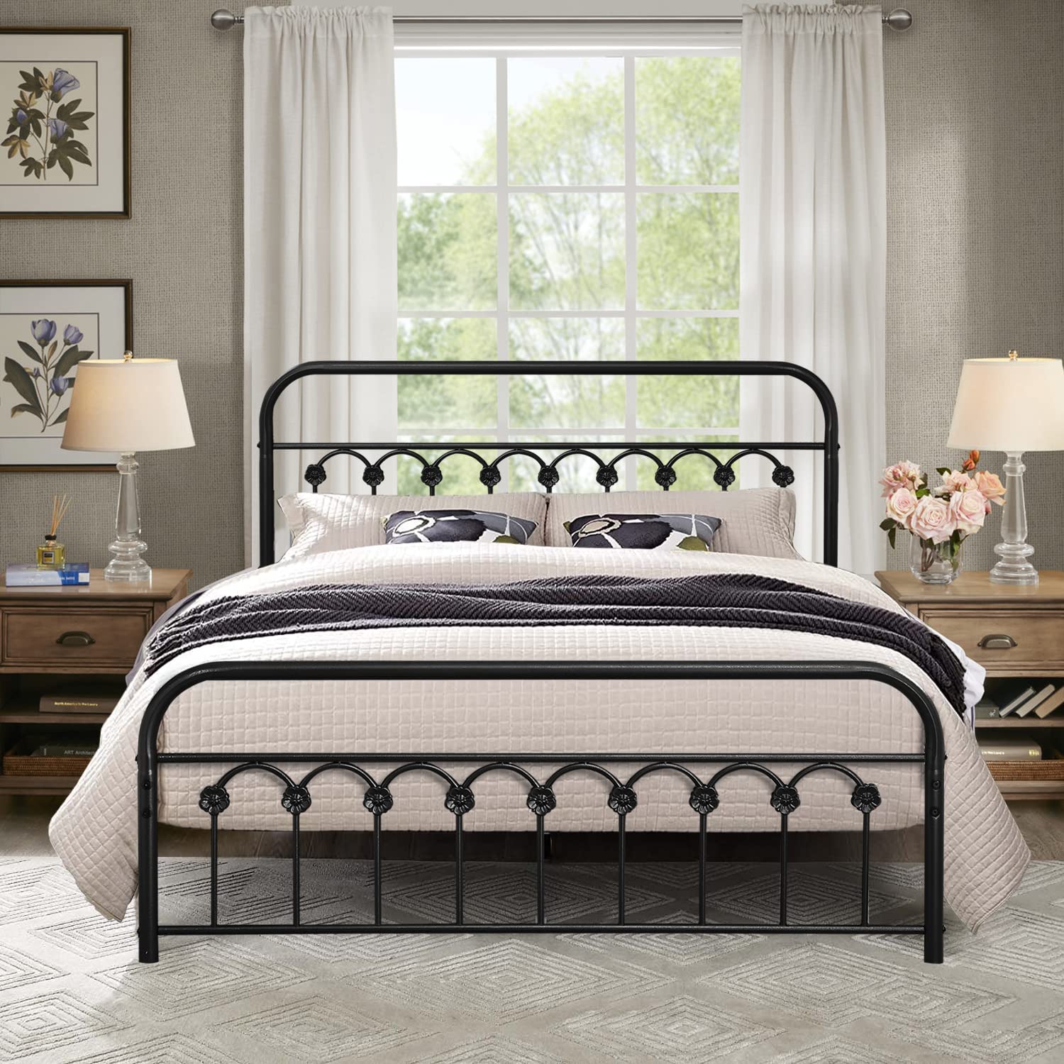 VECELO Metal Bed Frame/Mattress Foundation with Vintage Flower Headboard & Footboard - VECELO