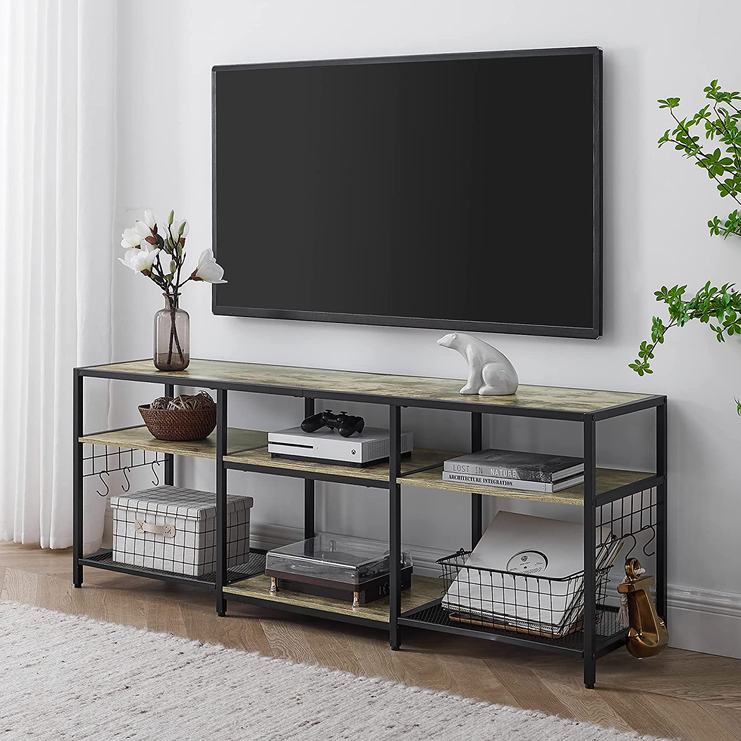 VECELO TV Stand Entertainment Center Media Console with 3-Tier Open Storage Shelves - VECELO