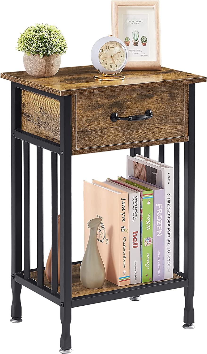 VECELO Industrial End Table,Nightstand with Drawer and Storage Shelf - VECELO