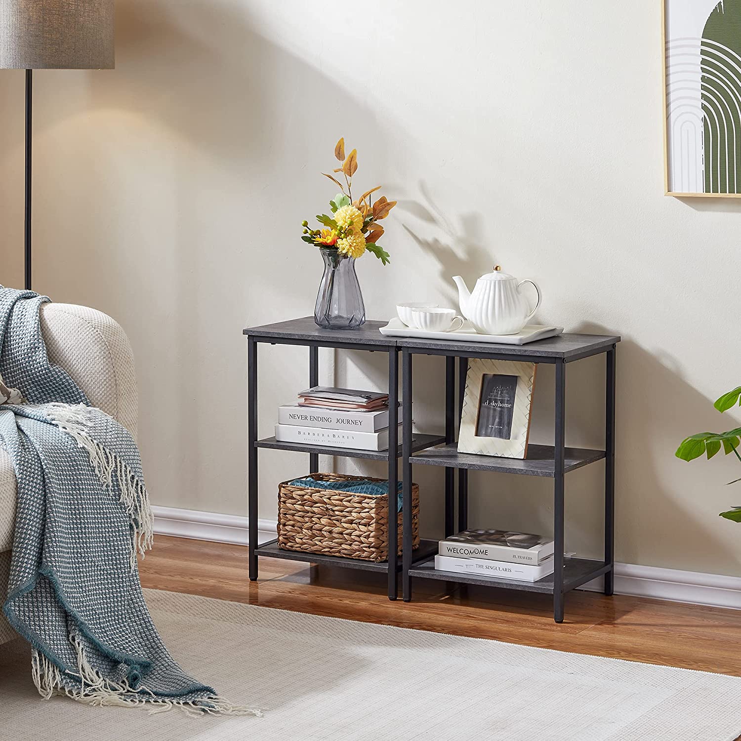 VECELO End Side Table with Storage Shelves Industrial Night Stand, 3-Tier Slim Nightstand for Living Room, Bedroom - VECELO