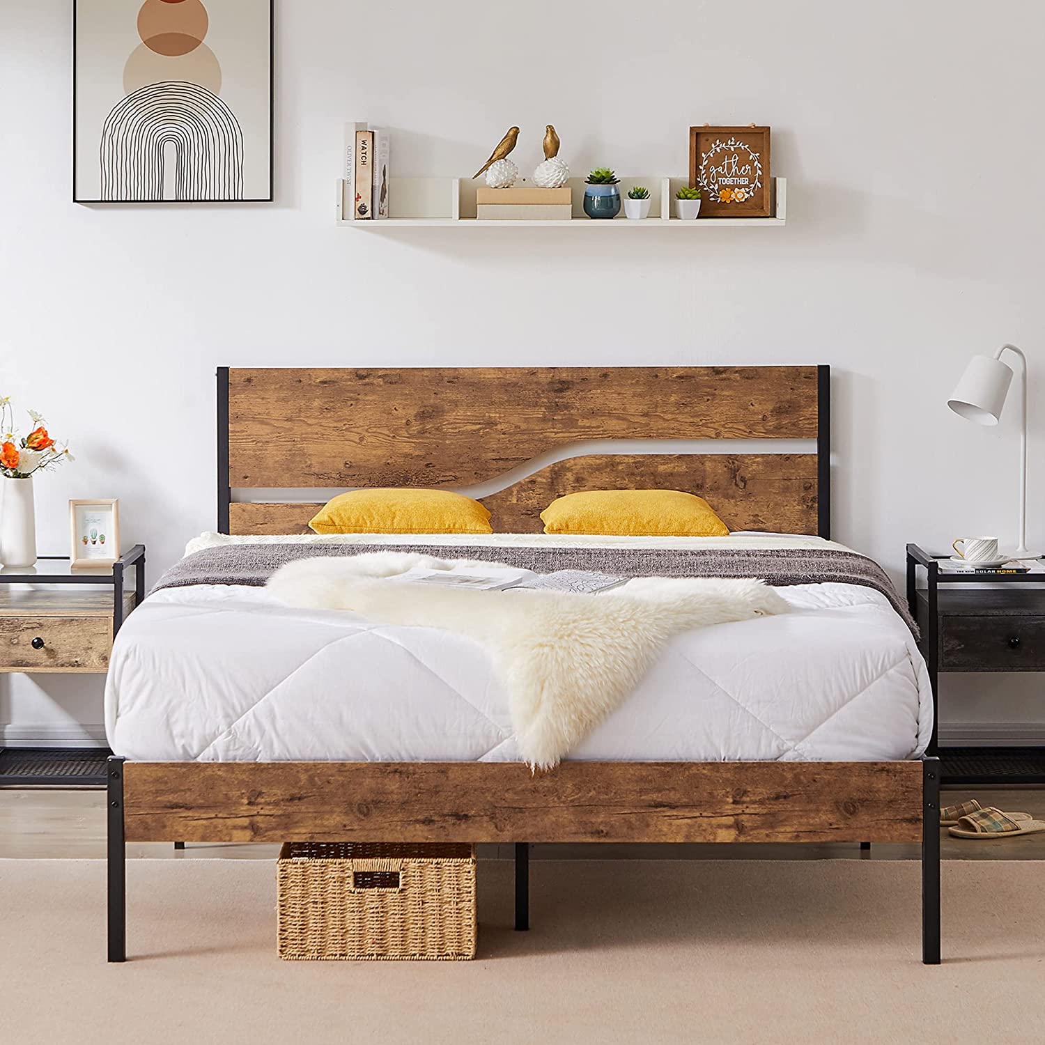 VECELO Platform Bed Frame/Mattress Foundation with Rustic Vintage Wood Headboard - VECELO