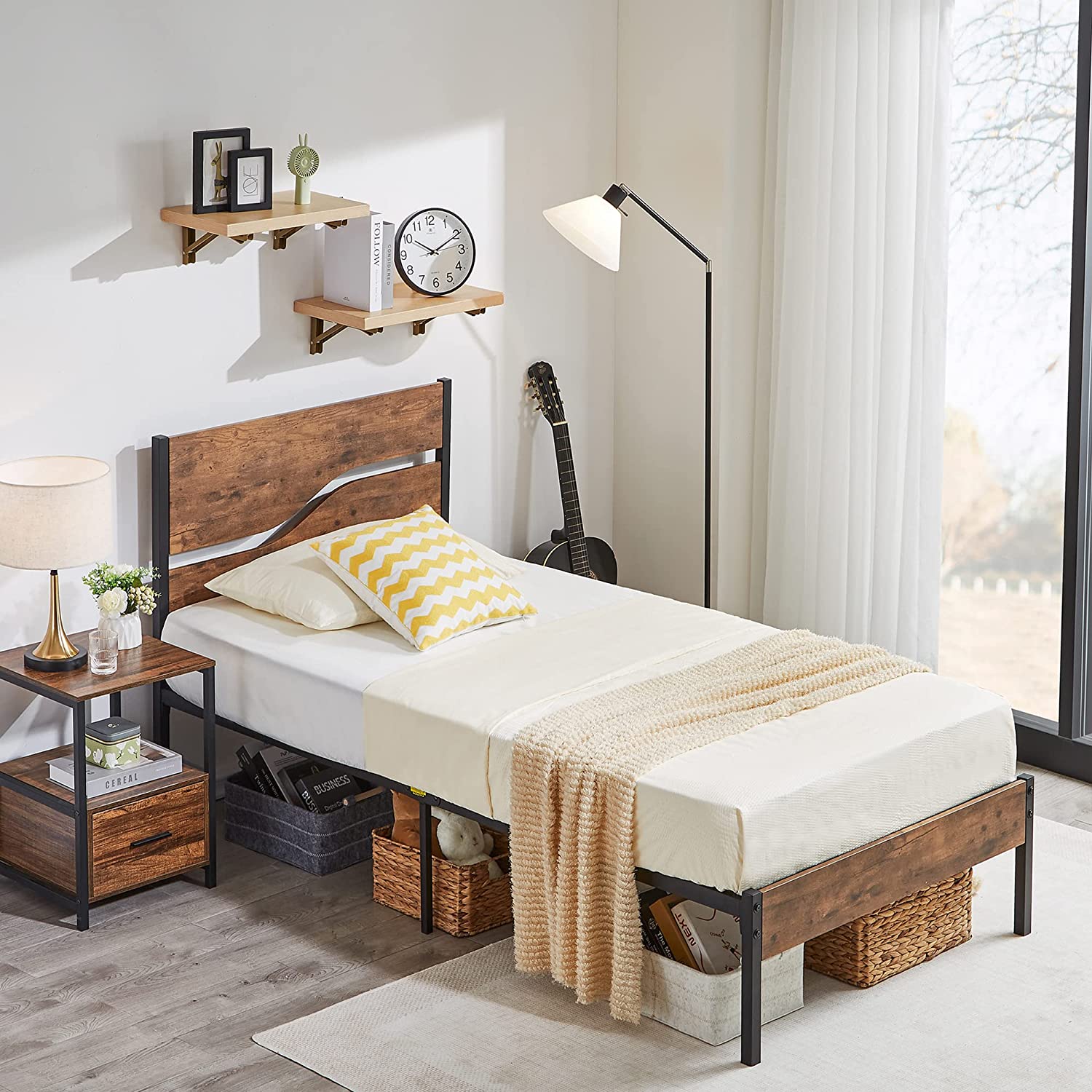 VECELO Platform Bed Frame/Mattress Foundation with Rustic Vintage Wood Headboard - VECELO