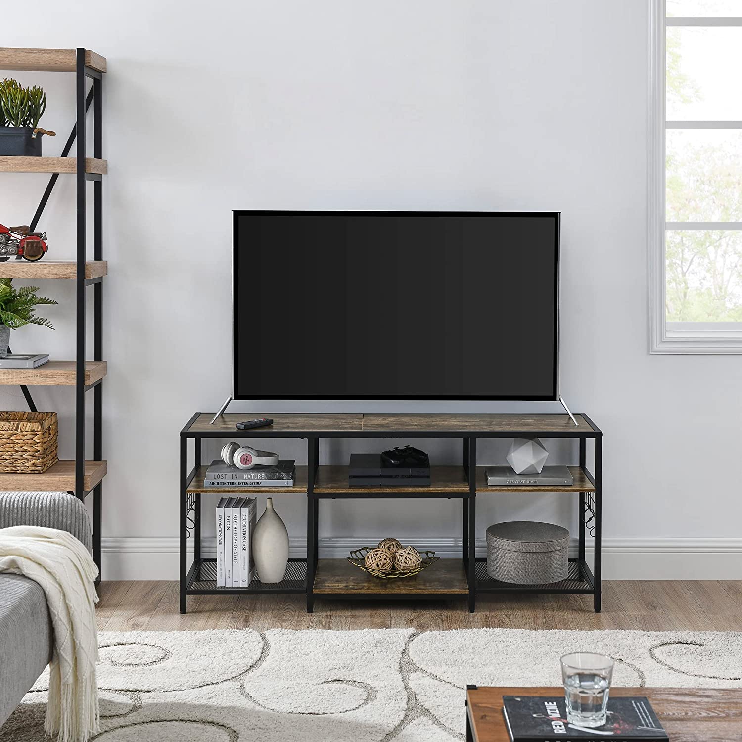 VECELO TV Stand Entertainment Center Media Console with 3-Tier Open Storage Shelves, Cabinet Table for Living Room Brown - VECELO